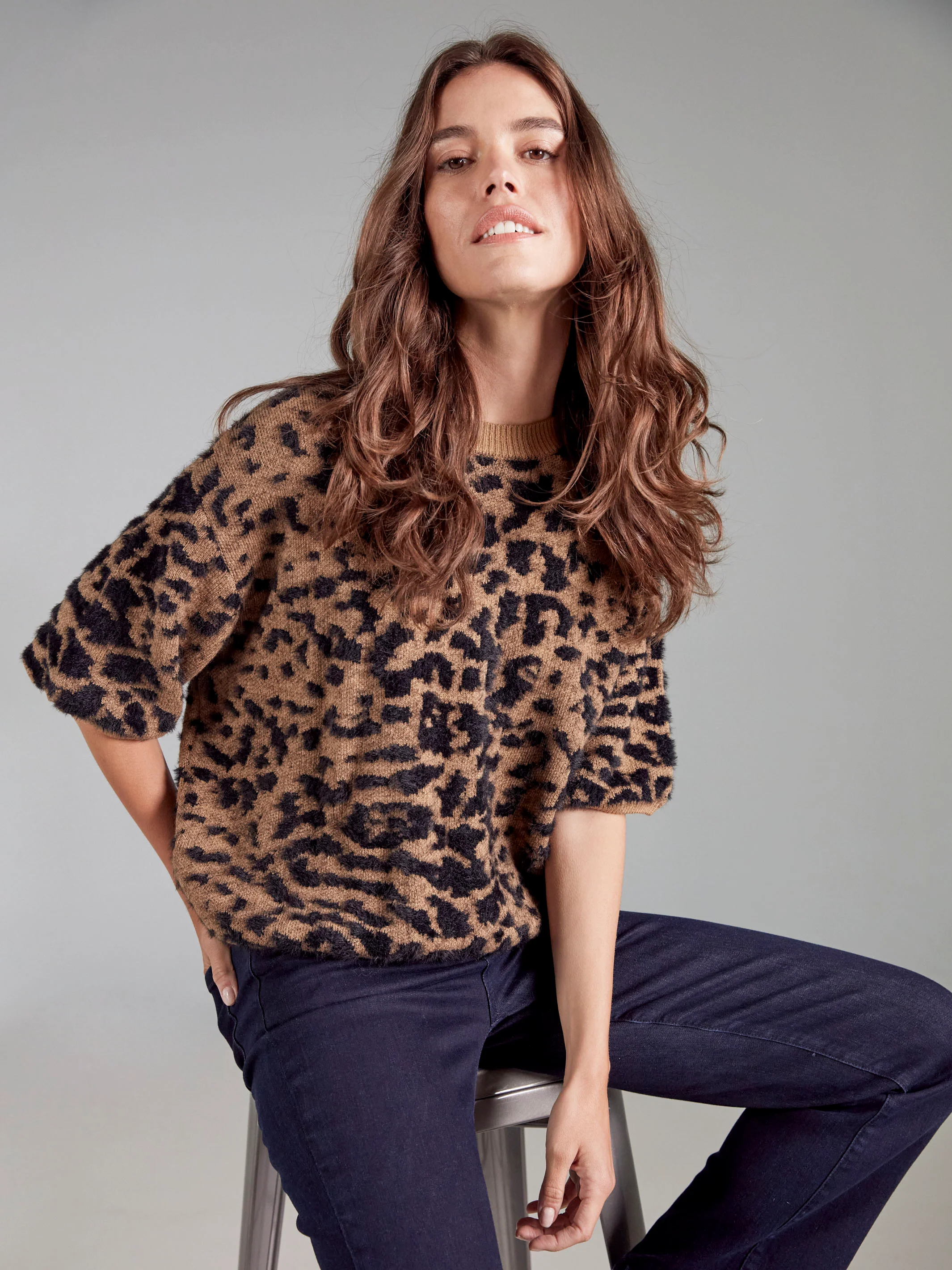 Balloon Elbow Sleeve Knit Sweater - Leopard - Image 8