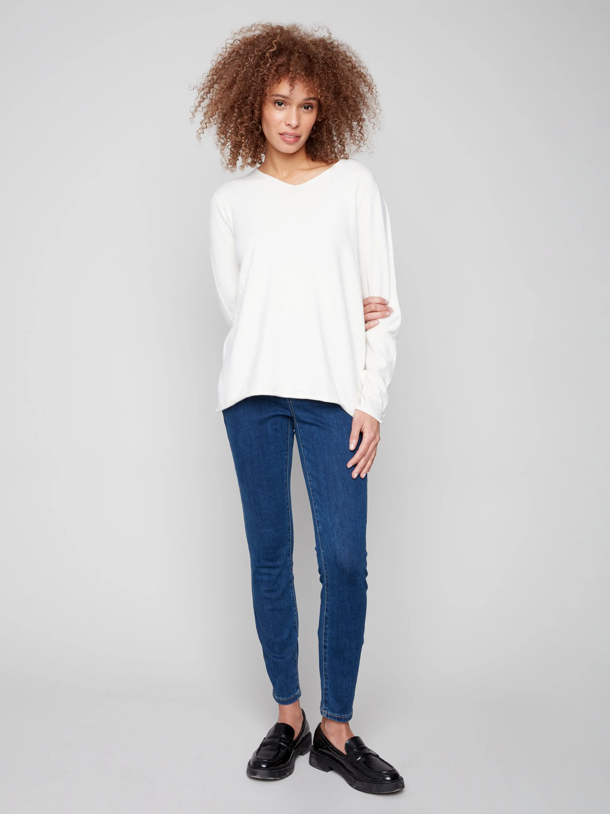 Basic V-Neck Sweater - Ecru - Image 3