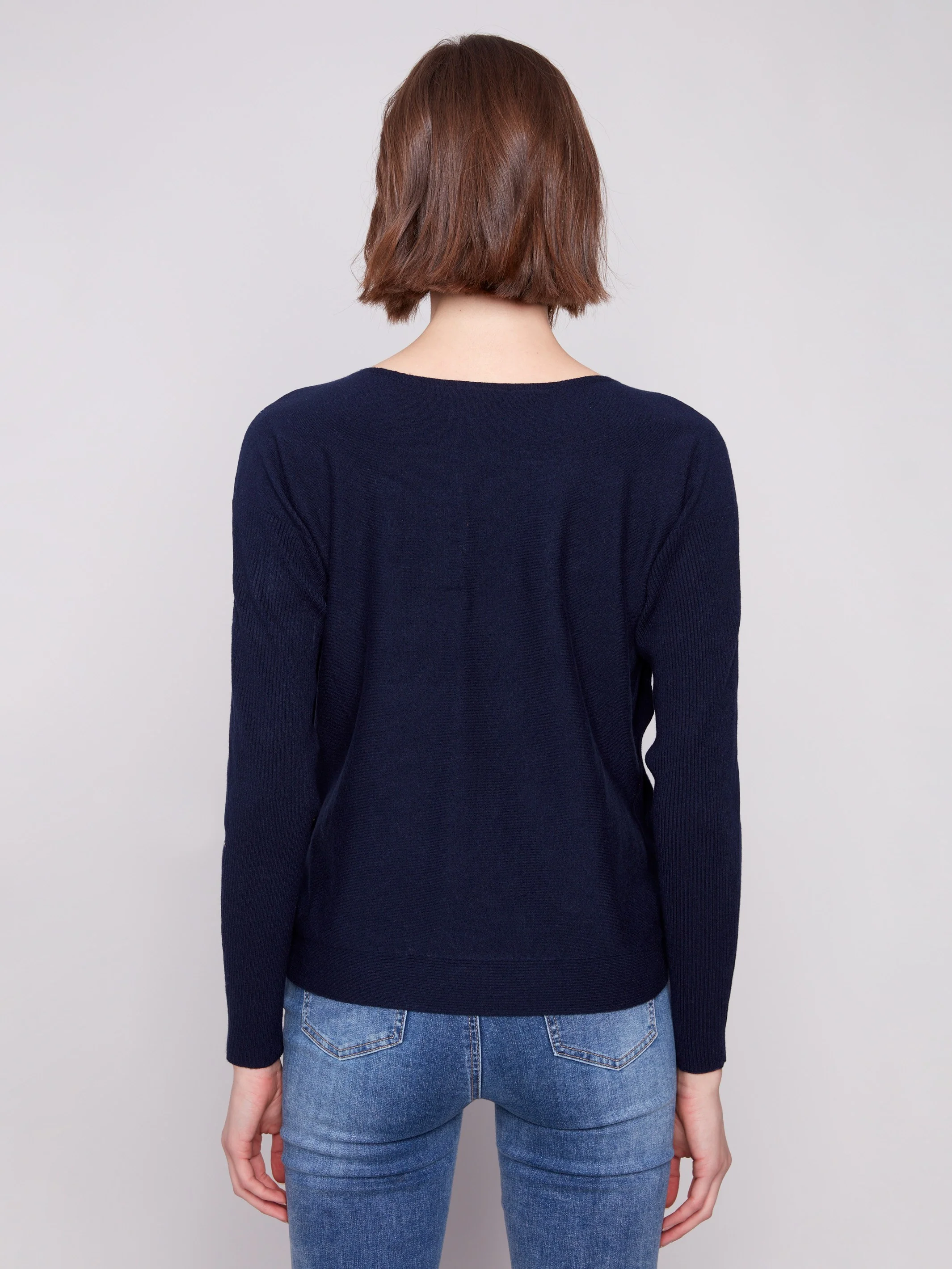 Boat Neck Sweater With Side Buttons - Navy - Image 4
