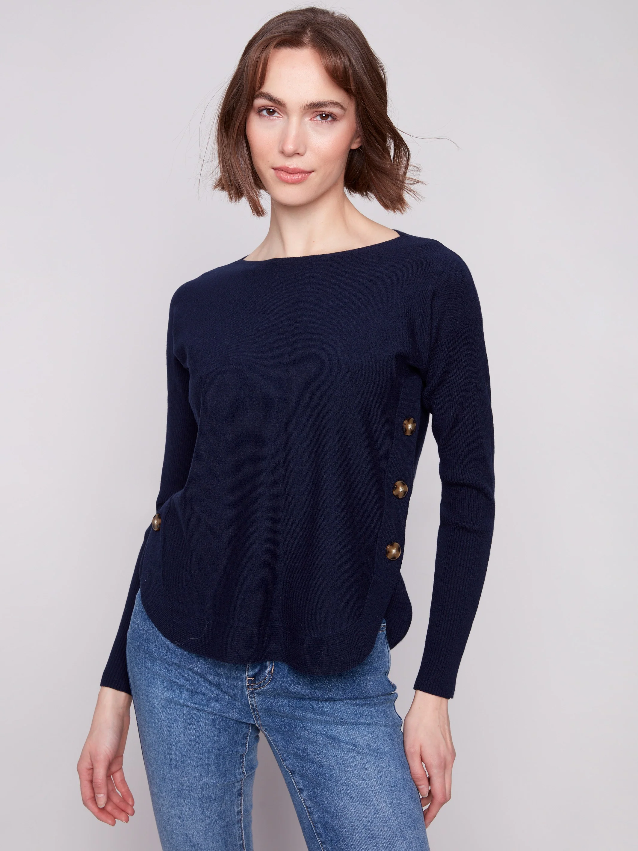 Boat Neck Sweater With Side Buttons - Navy - Image 5
