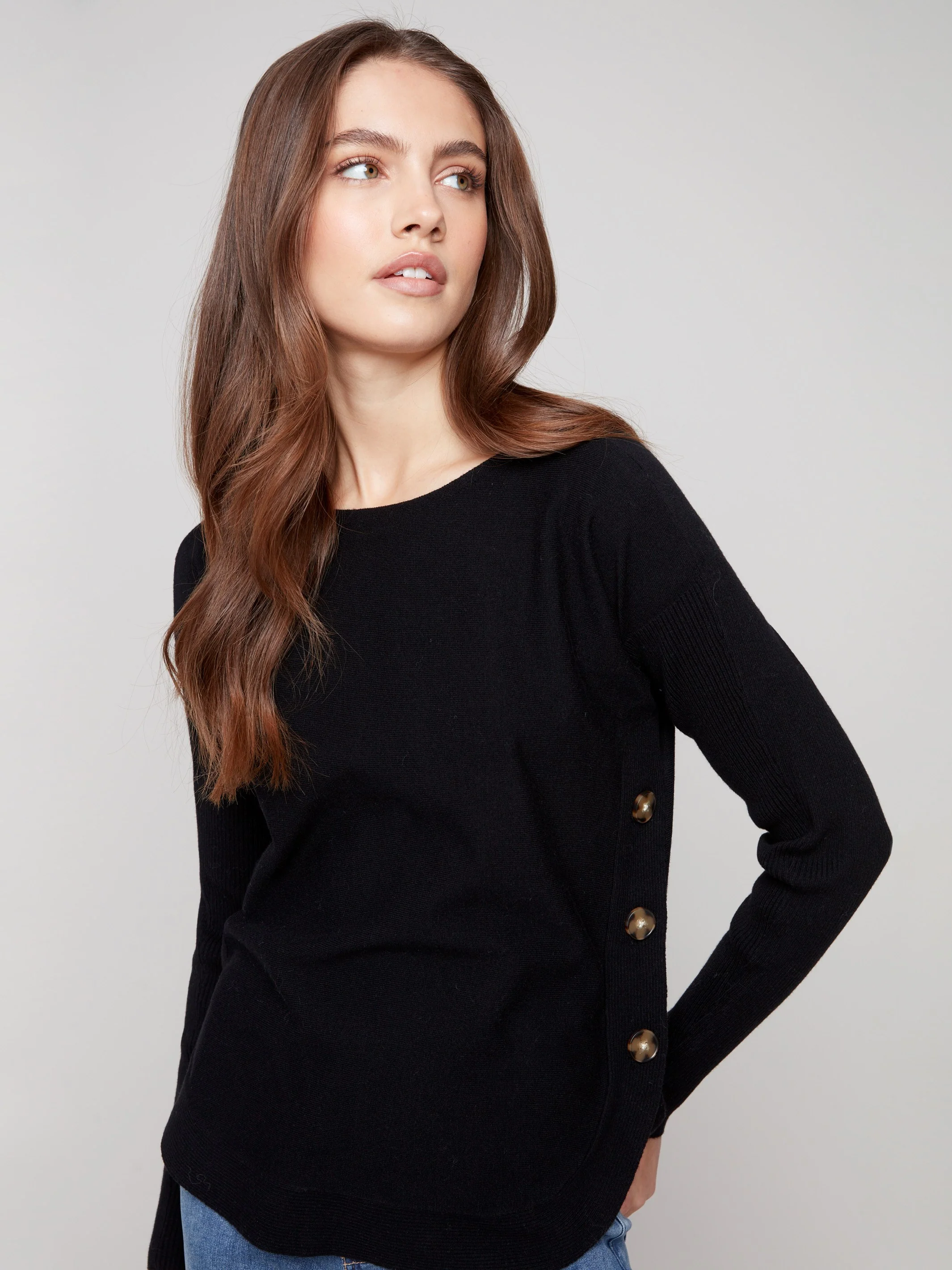 Boat Neck Sweater With Side Buttons - Black - Image 3