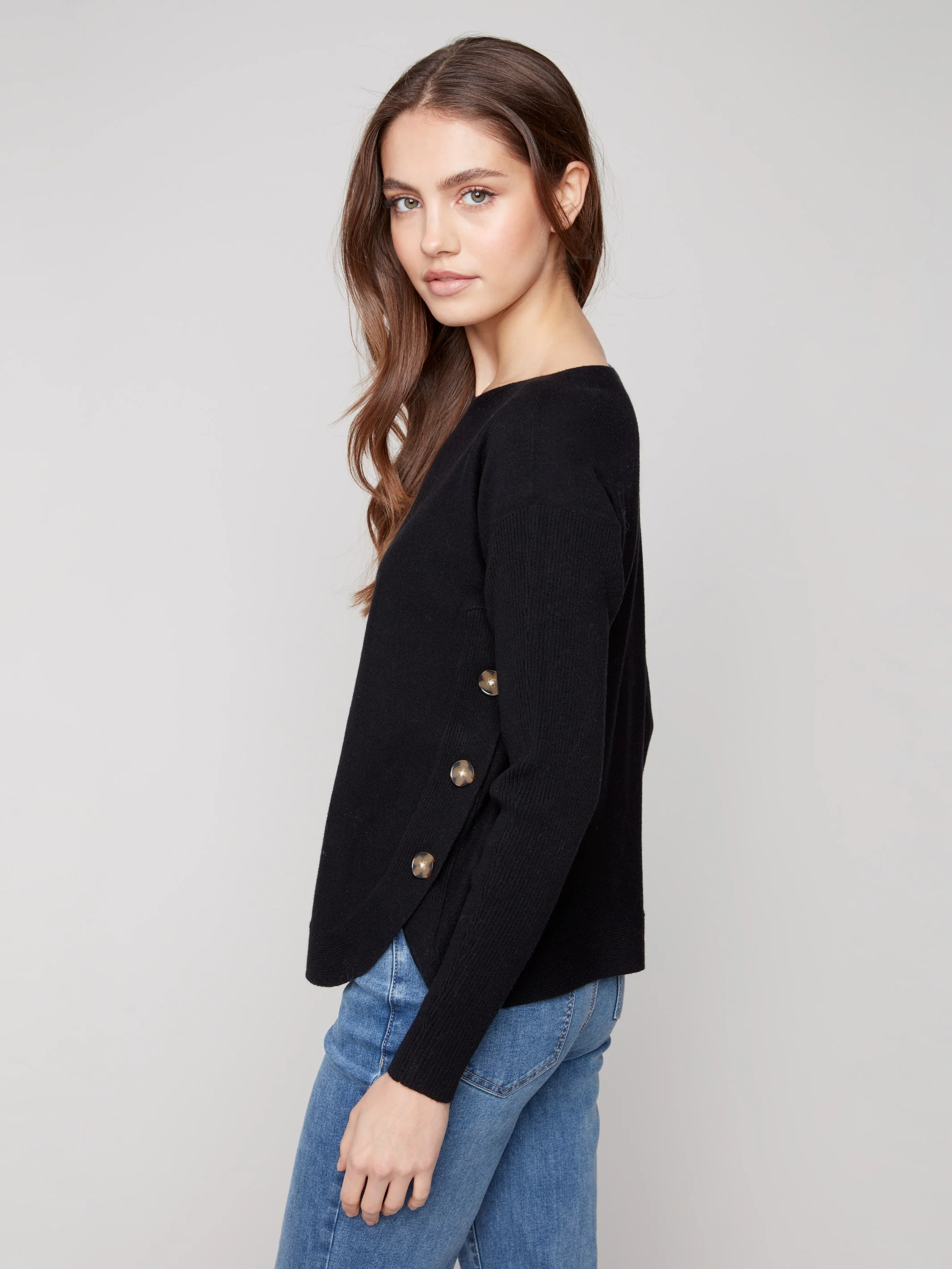 Boat Neck Sweater With Side Buttons - Black - Image 4