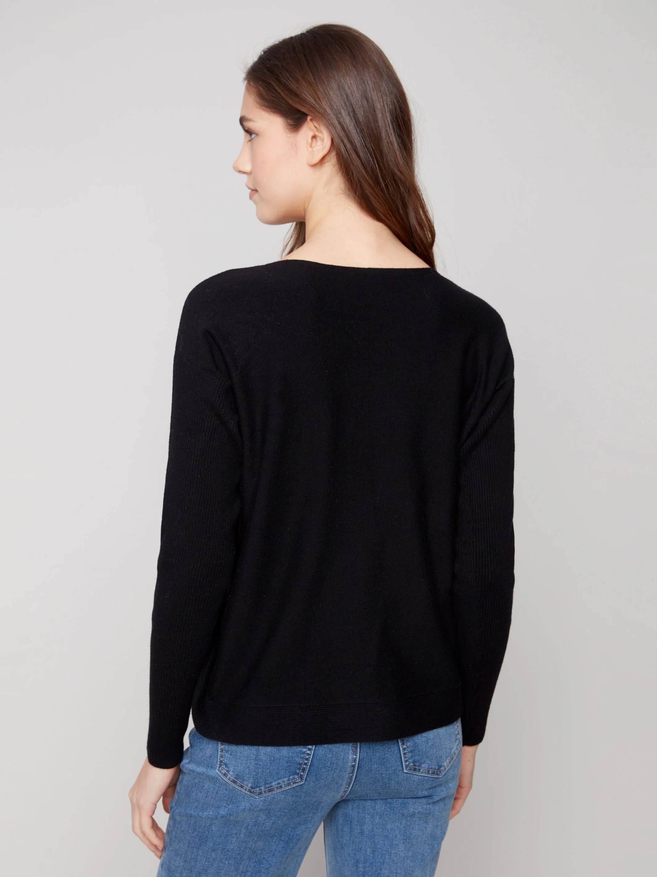 Boat Neck Sweater With Side Buttons - Black - Image 5
