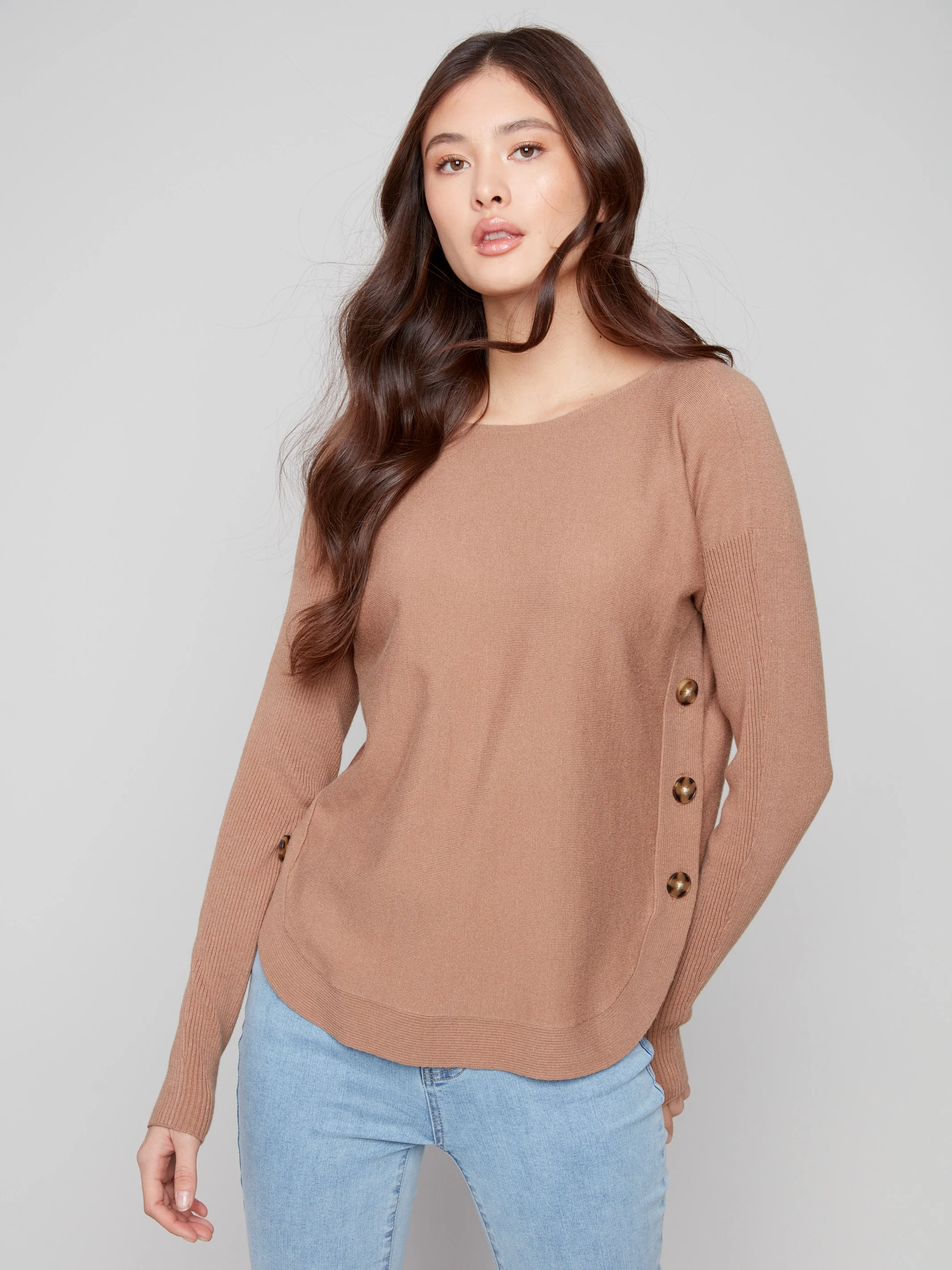 Boat Neck Sweater With Side Buttons - Truffle - Image 3