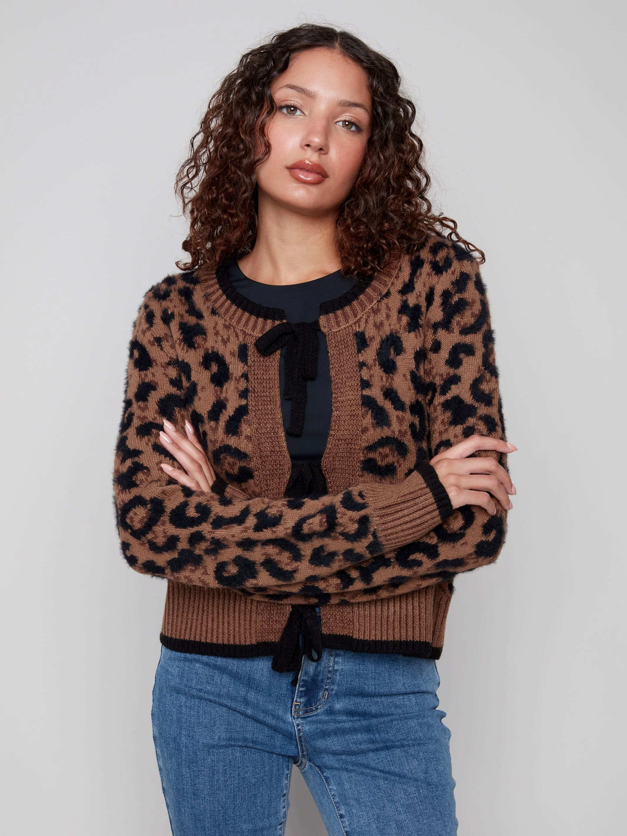 Bow Tie Jacquard Knit Cardigan - Animal - Image 3