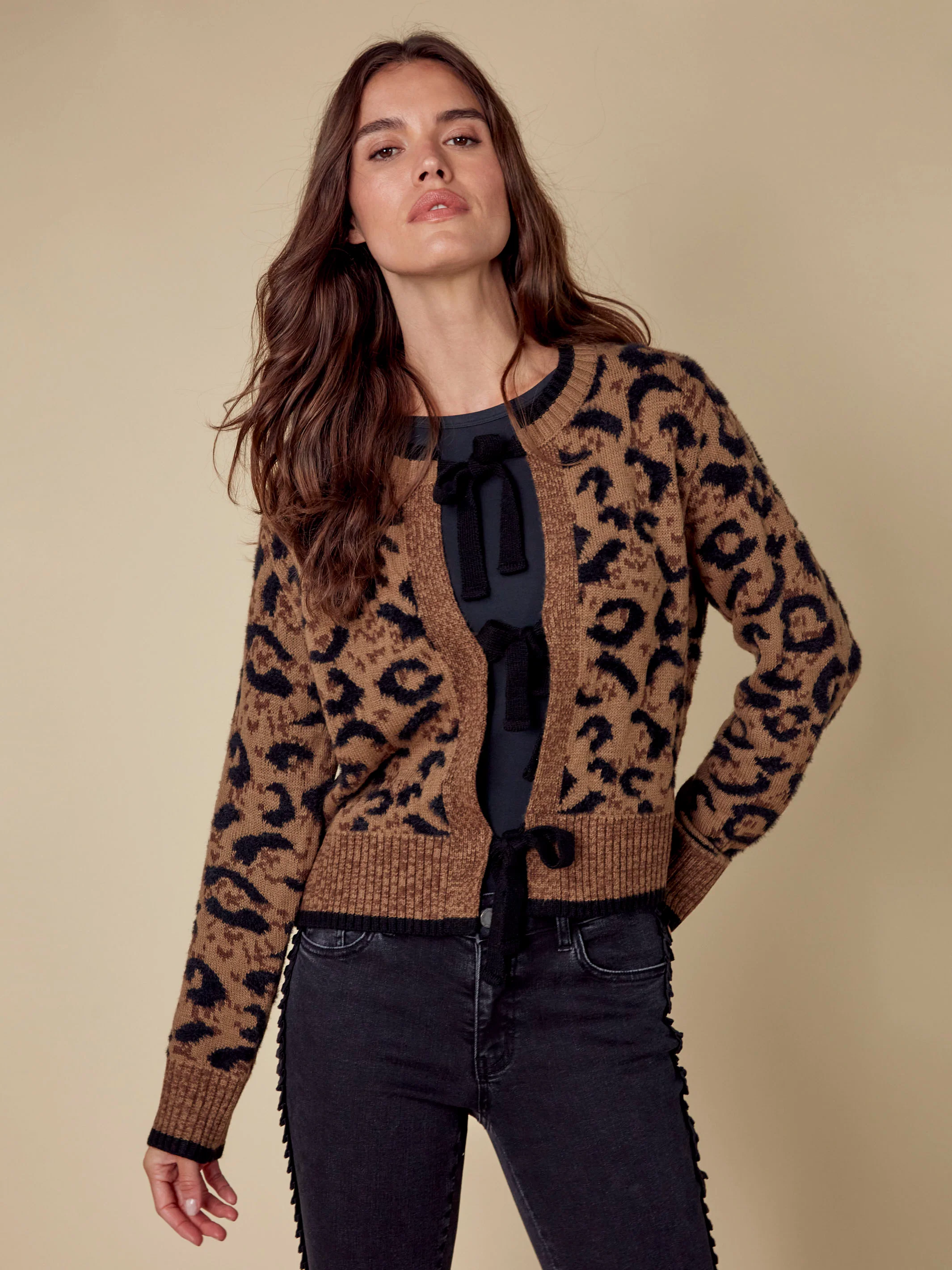 Bow Tie Jacquard Knit Cardigan - Animal - Image 6