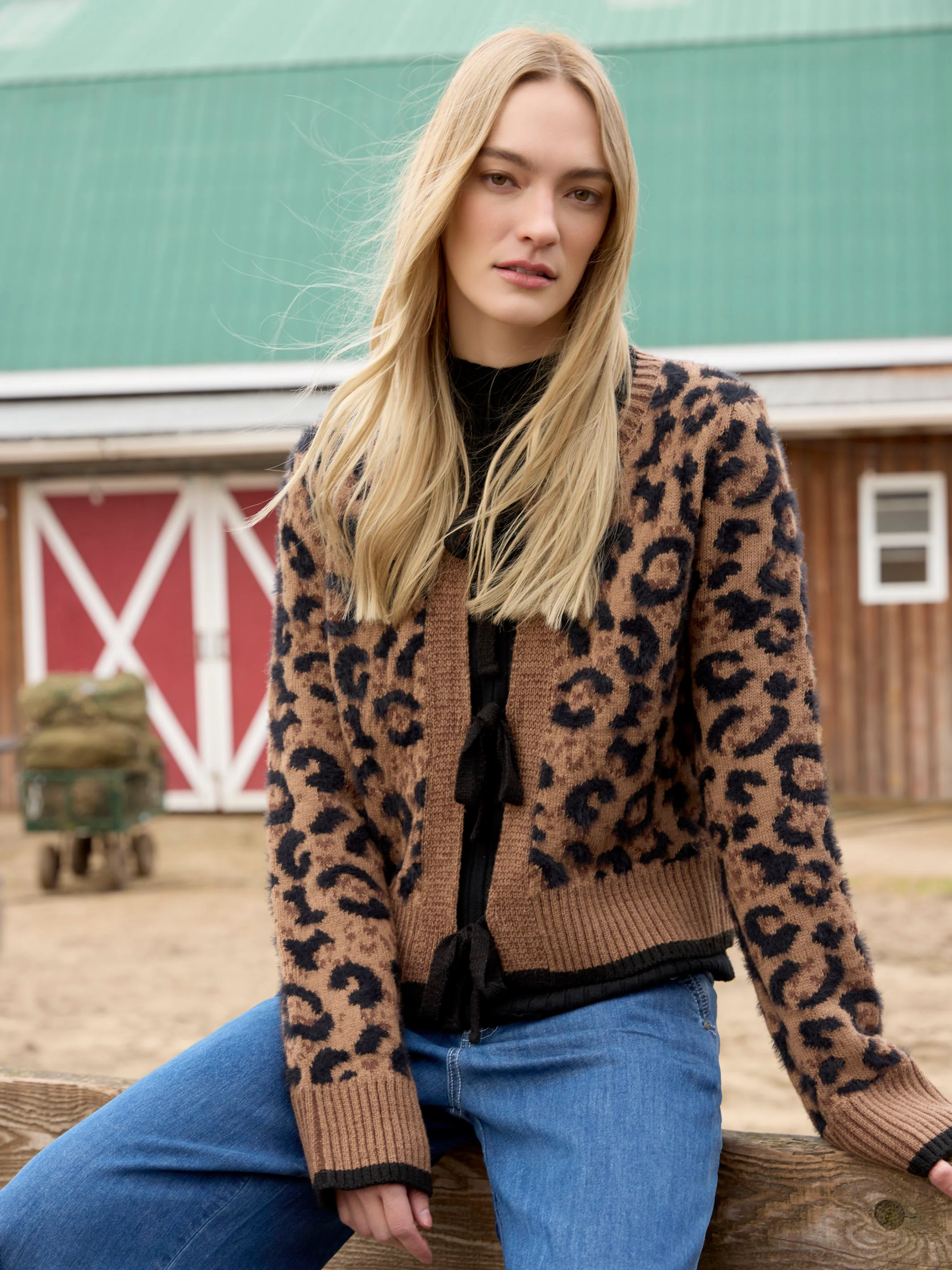 Bow Tie Jacquard Knit Cardigan - Animal - Image 9