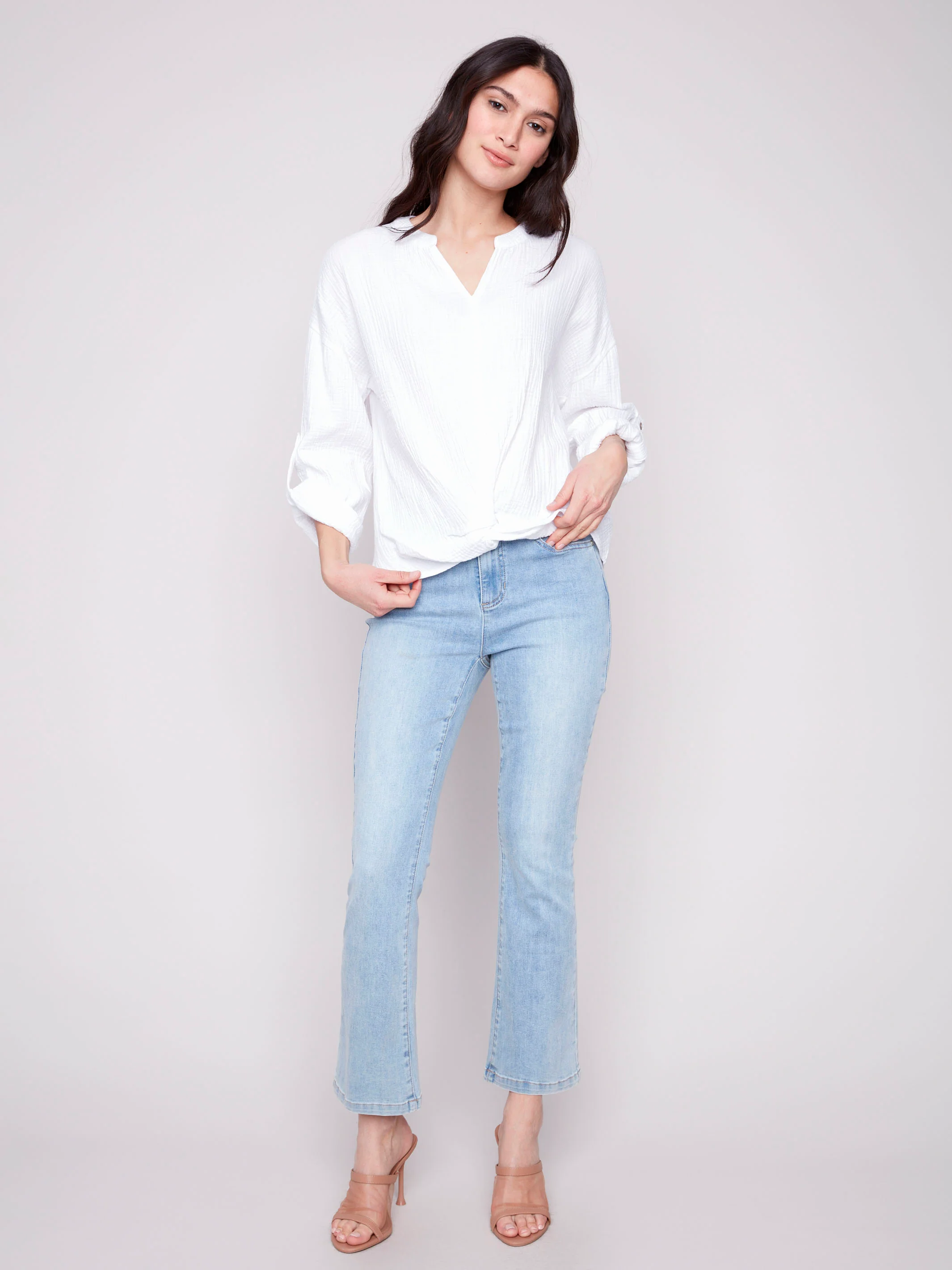 Bubble Cotton Blouse with Front Twist - White - Image 4