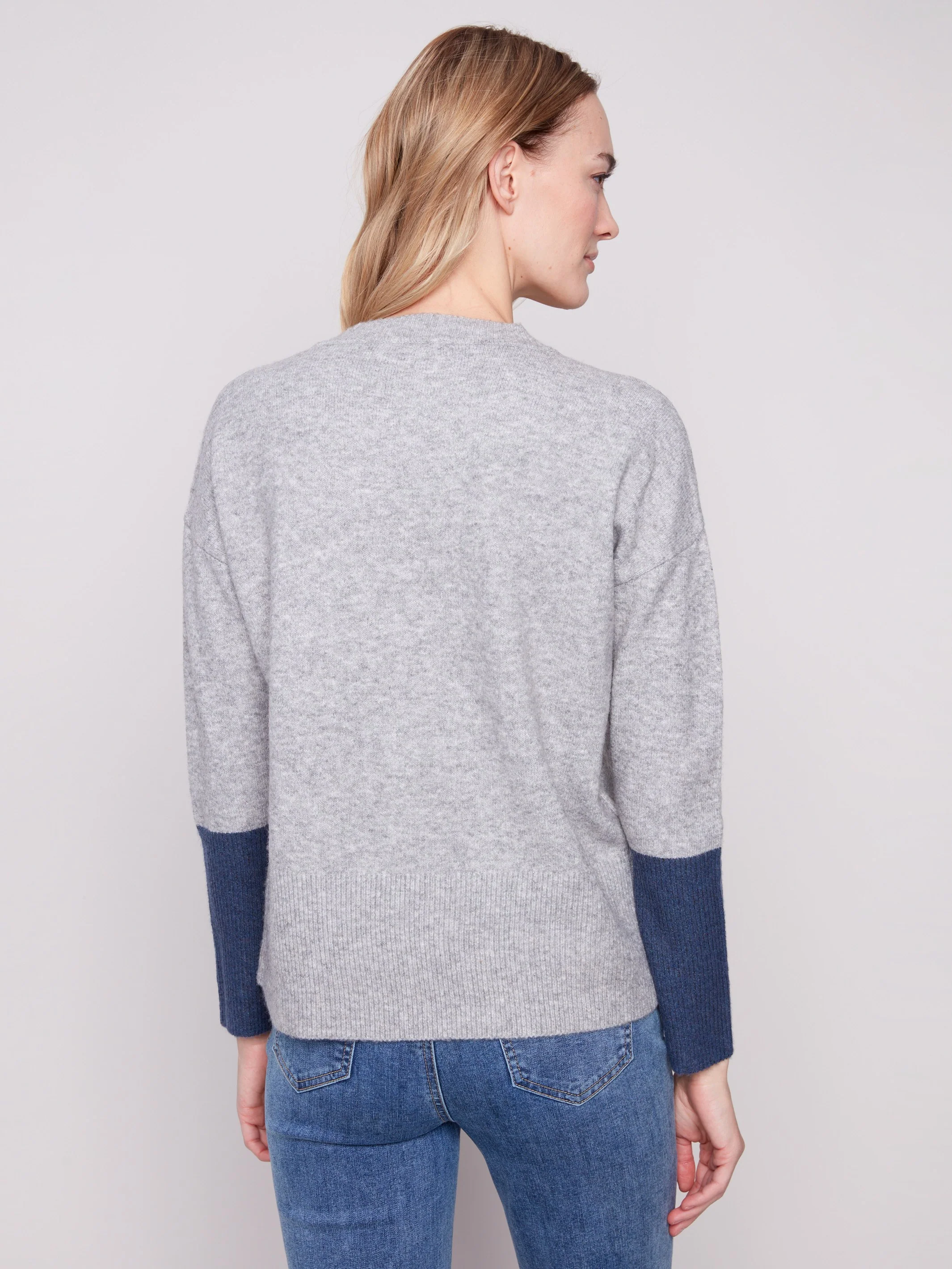 Crew Neck Sweater With Contrast Details - Heather Grey - Image 3