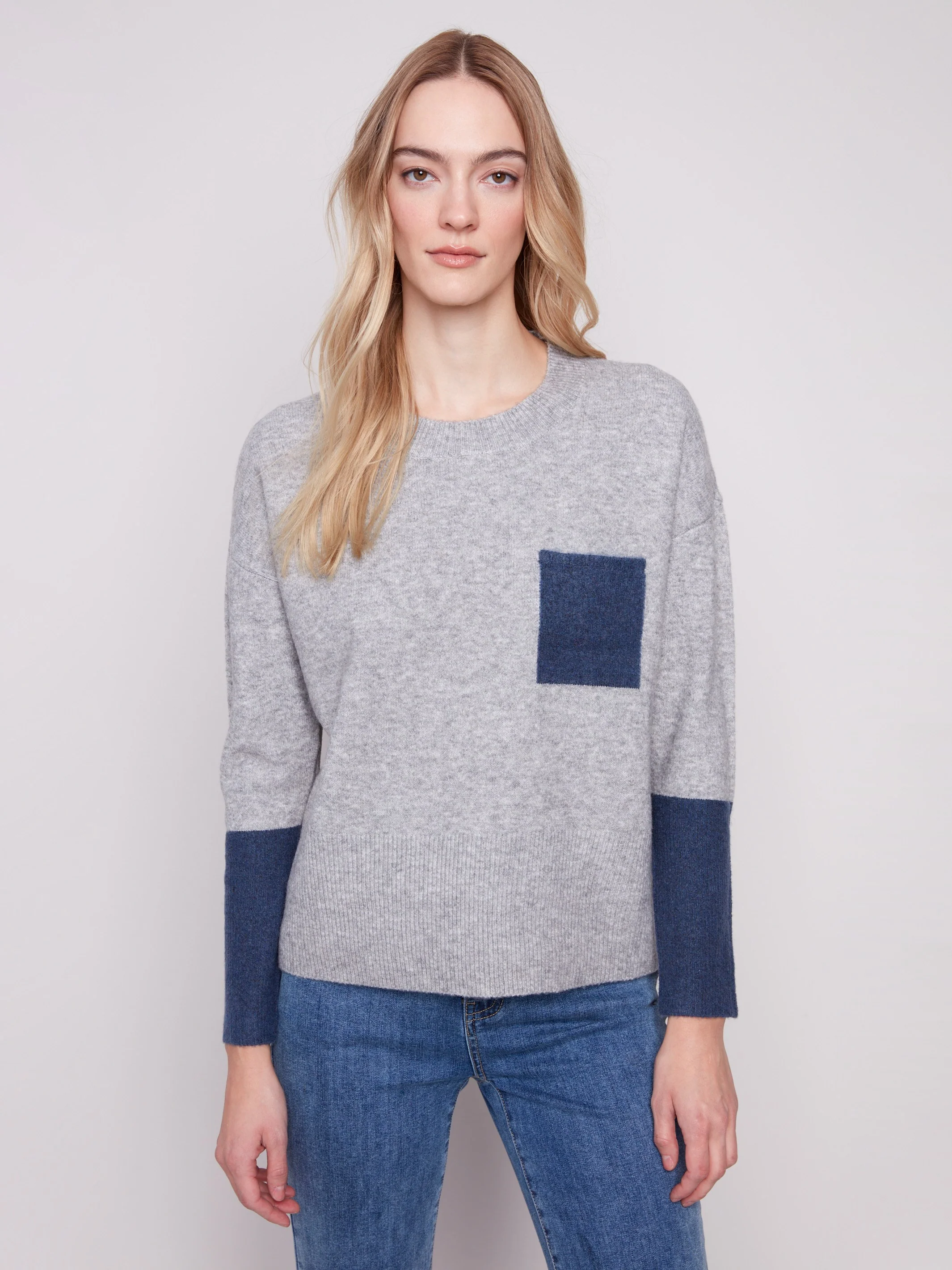 Crew Neck Sweater With Contrast Details - Heather Grey - Image 4