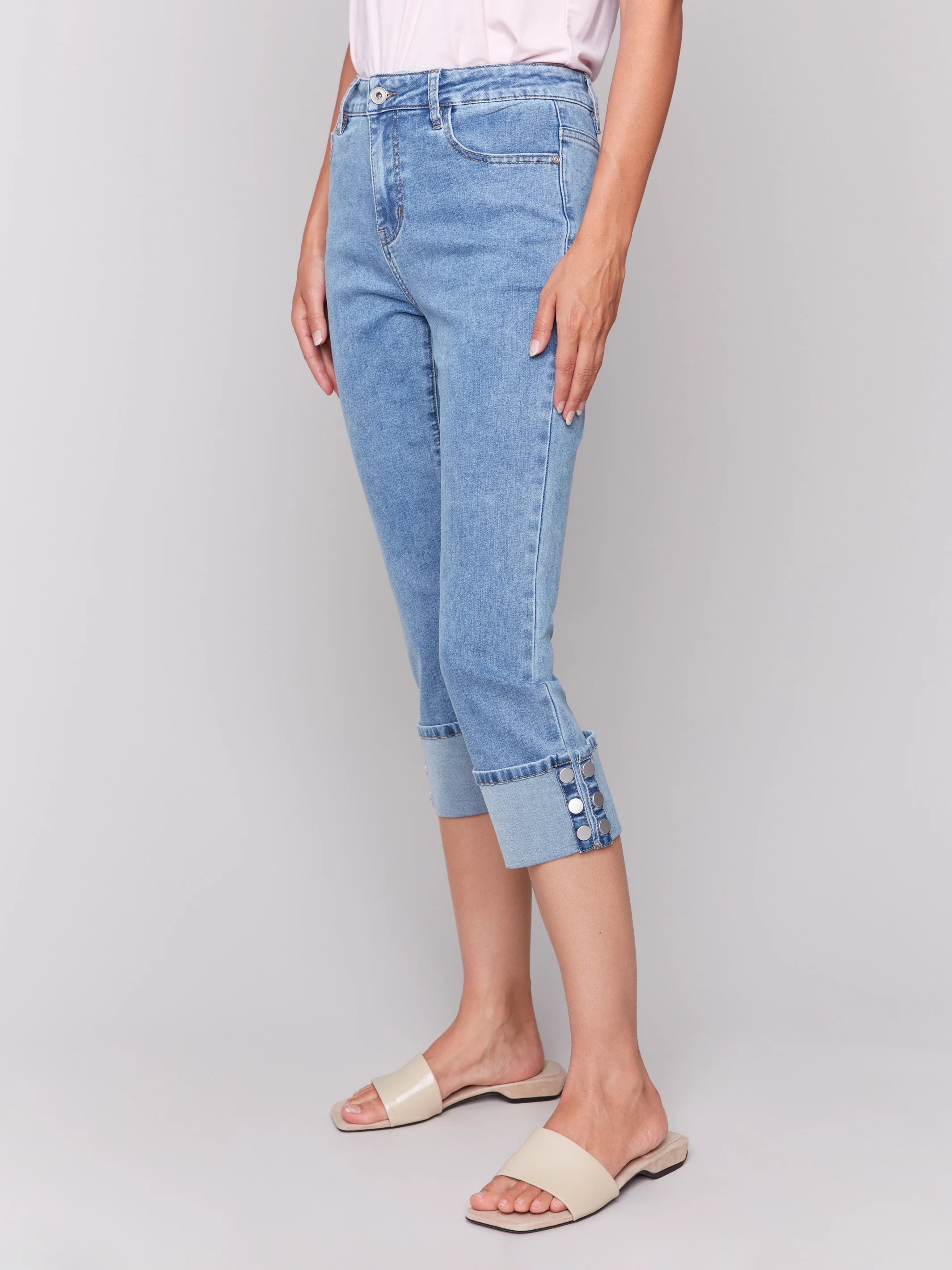 Cropped Jeans with Snap Button Cuff Detail - Light Blue - Image 3