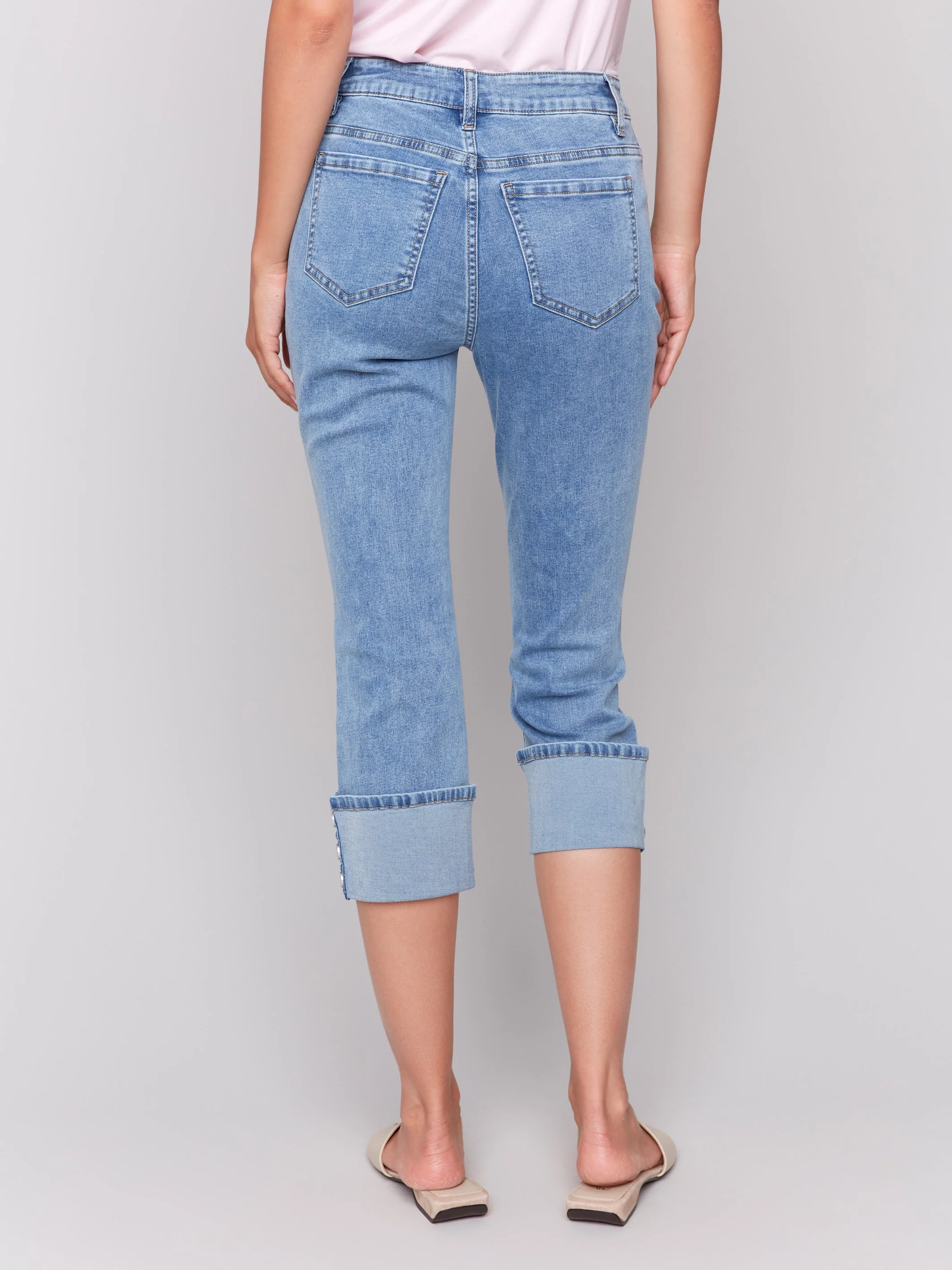 Cropped Jeans with Snap Button Cuff Detail - Light Blue - Image 4