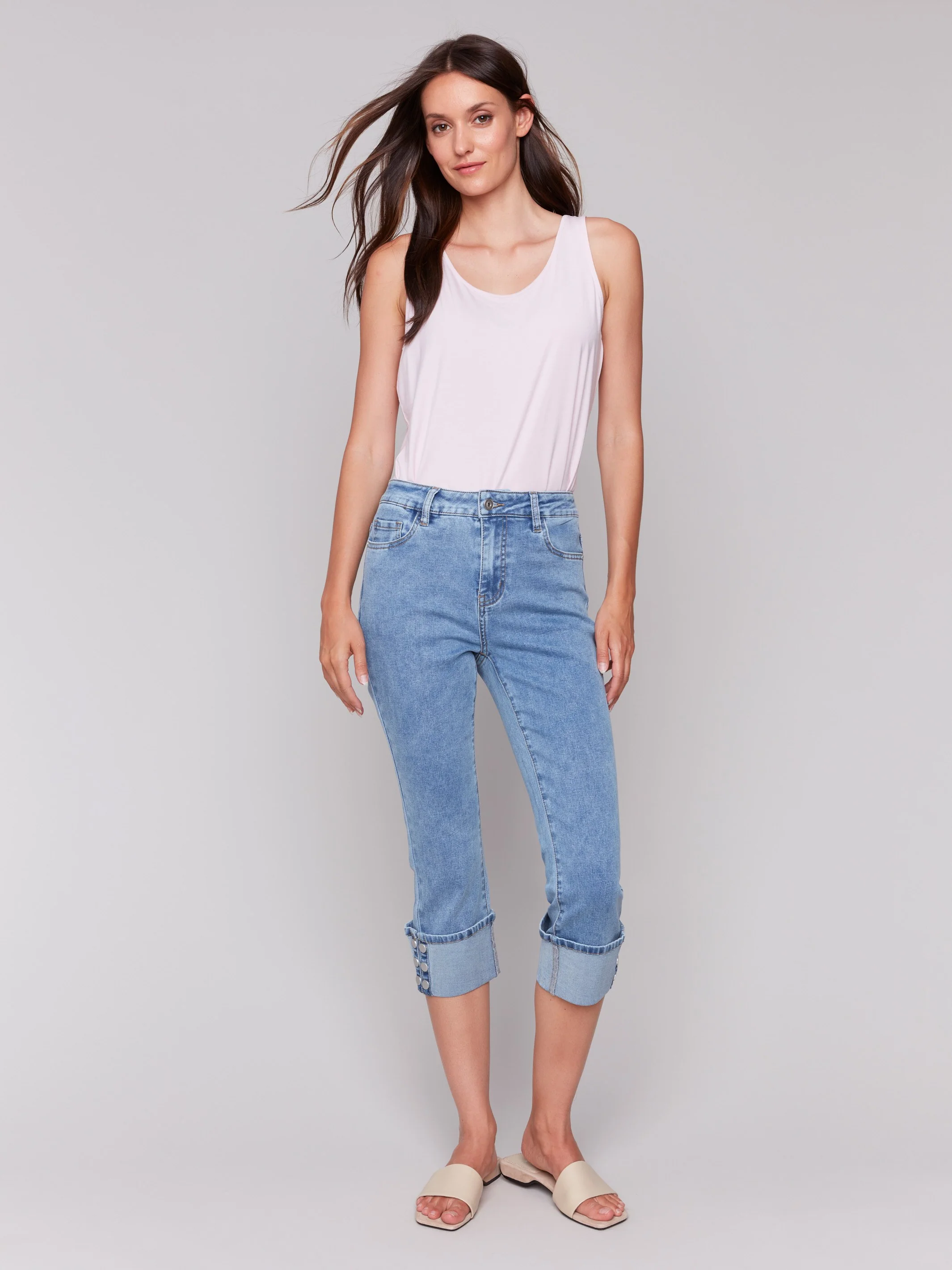 Cropped Jeans with Snap Button Cuff Detail - Light Blue - Image 5