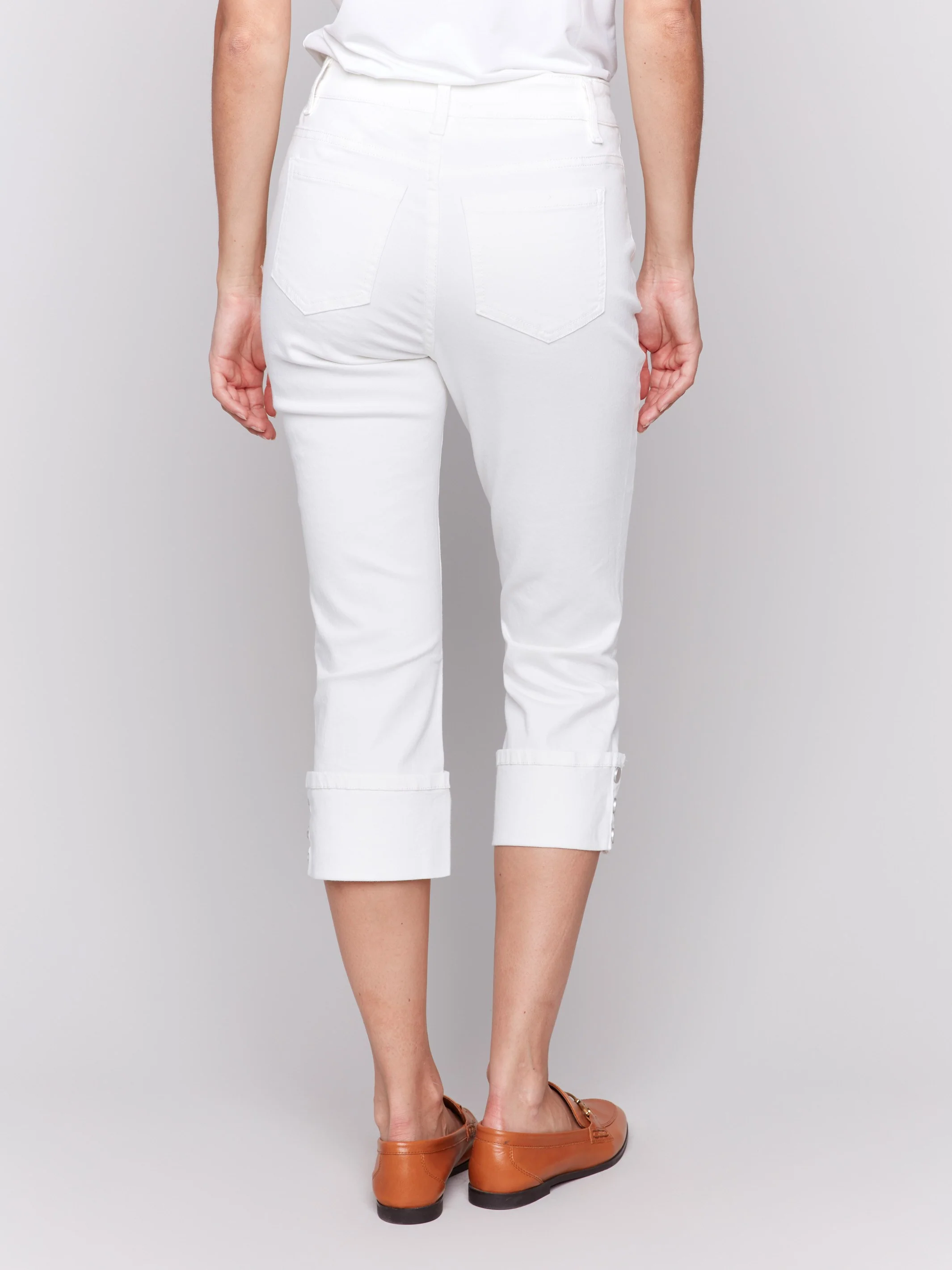 Cropped Twill Jeans with Snap Button Cuff Detail - White - Image 4