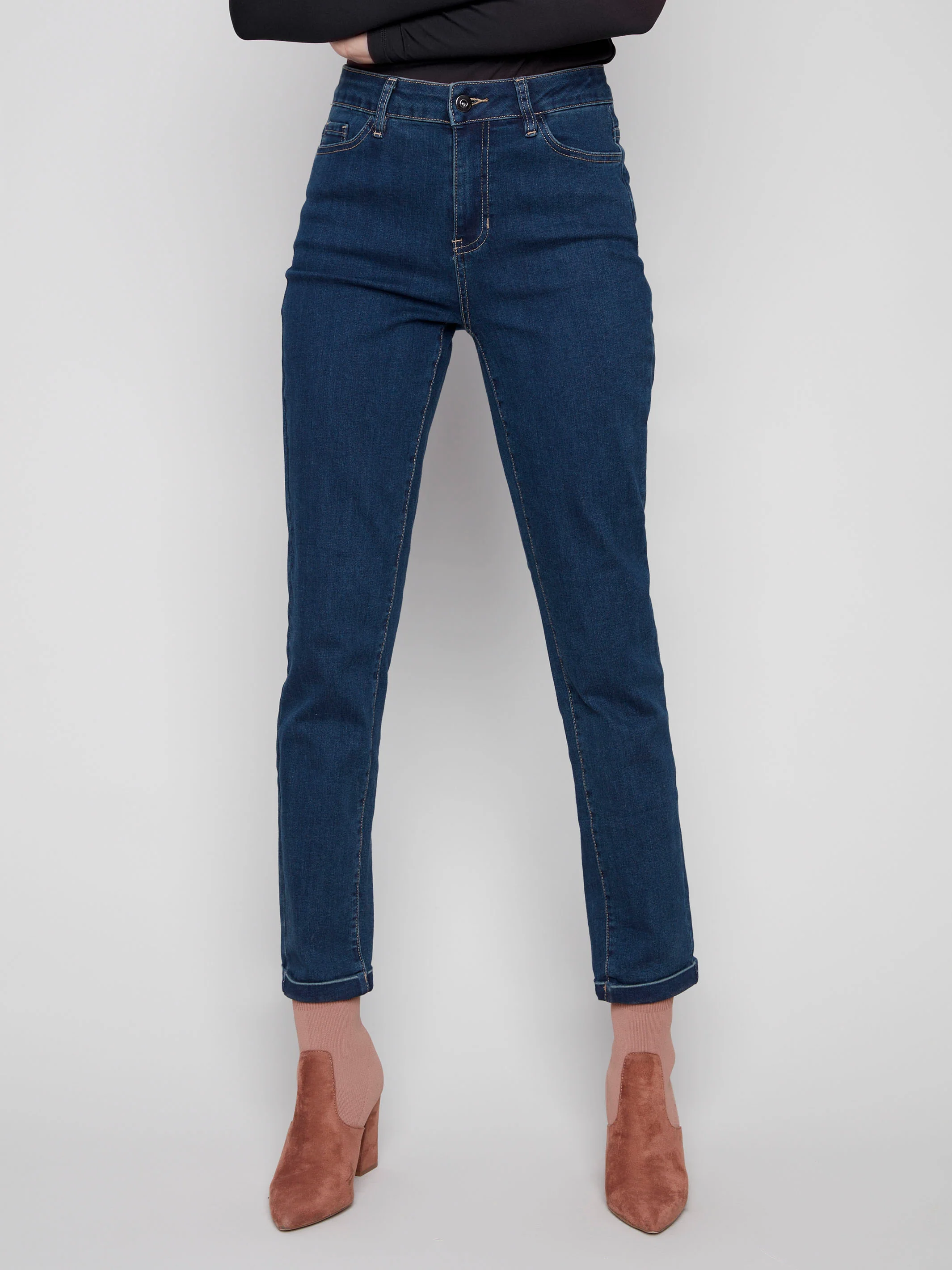 Cuffed Hem Jeans - Dark Blue - Image 3