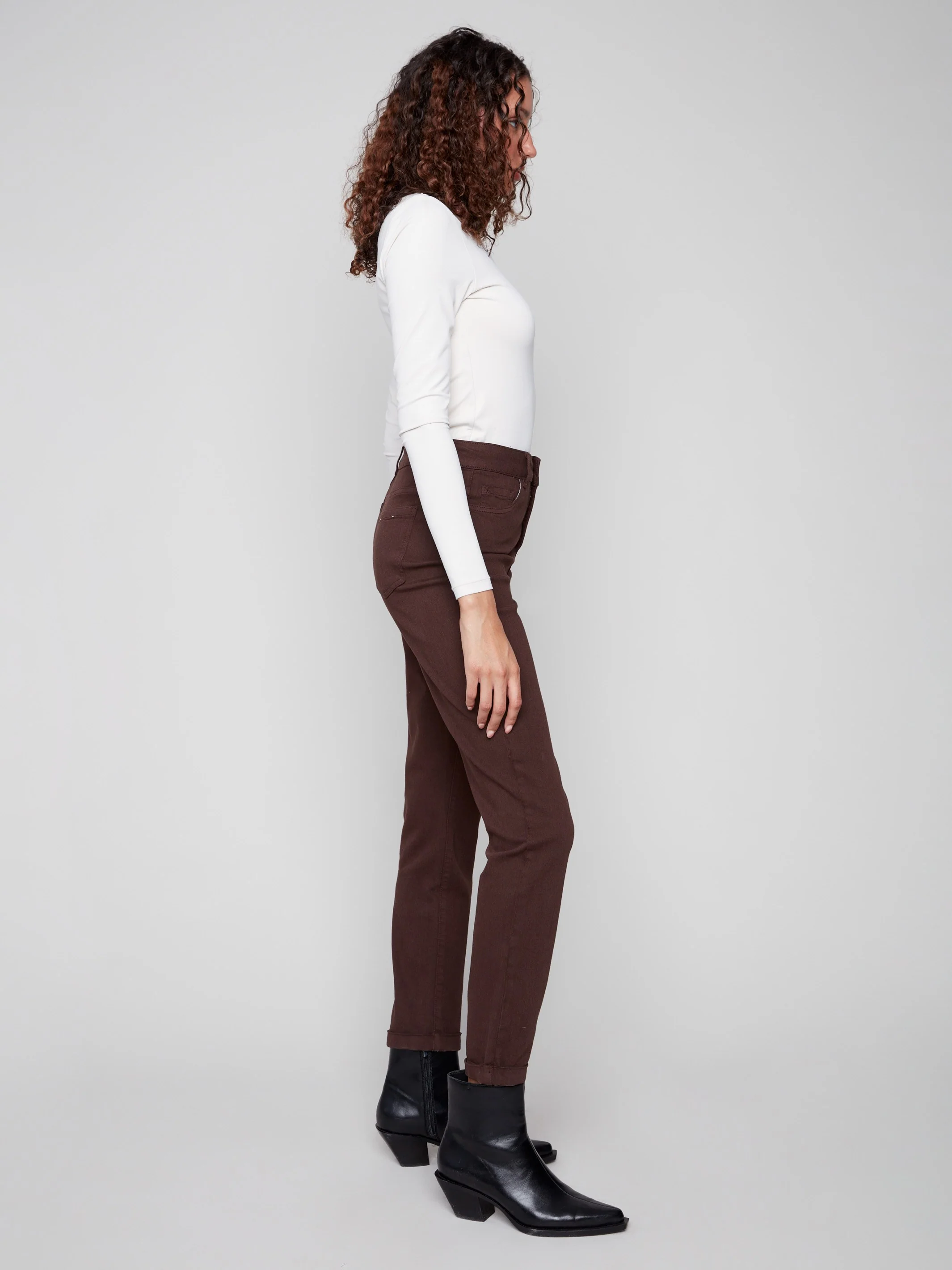 Cuffed Hem Twill Jeans - Mocha - Image 3