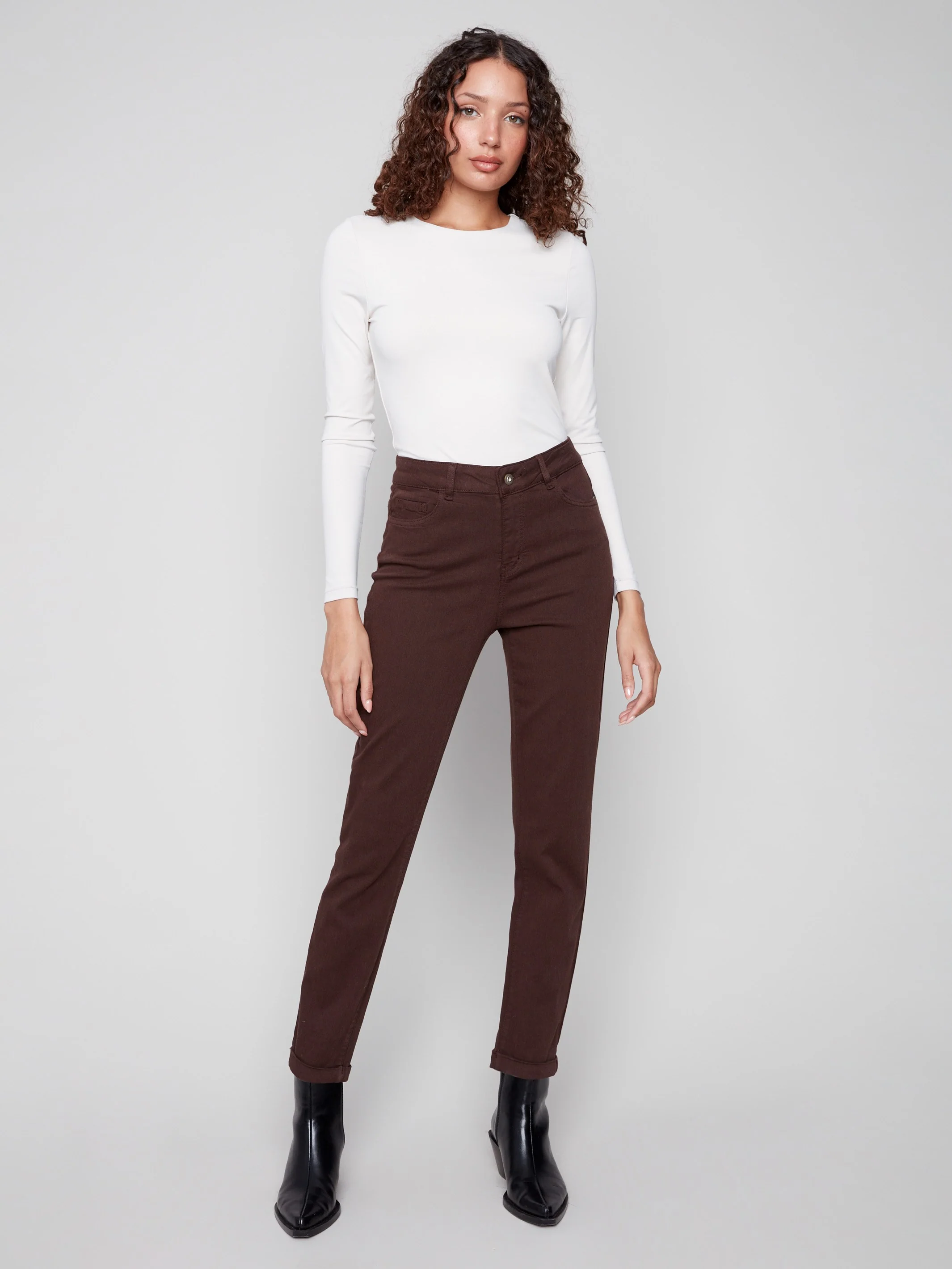 Cuffed Hem Twill Jeans - Mocha - Image 4