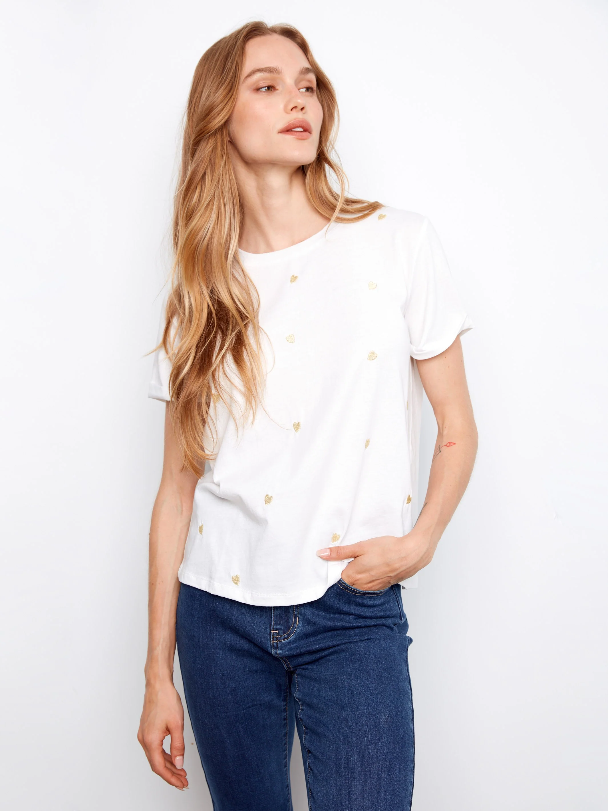 Embroidered Hearts Cotton Jersey T-Shirt - White - Image 3