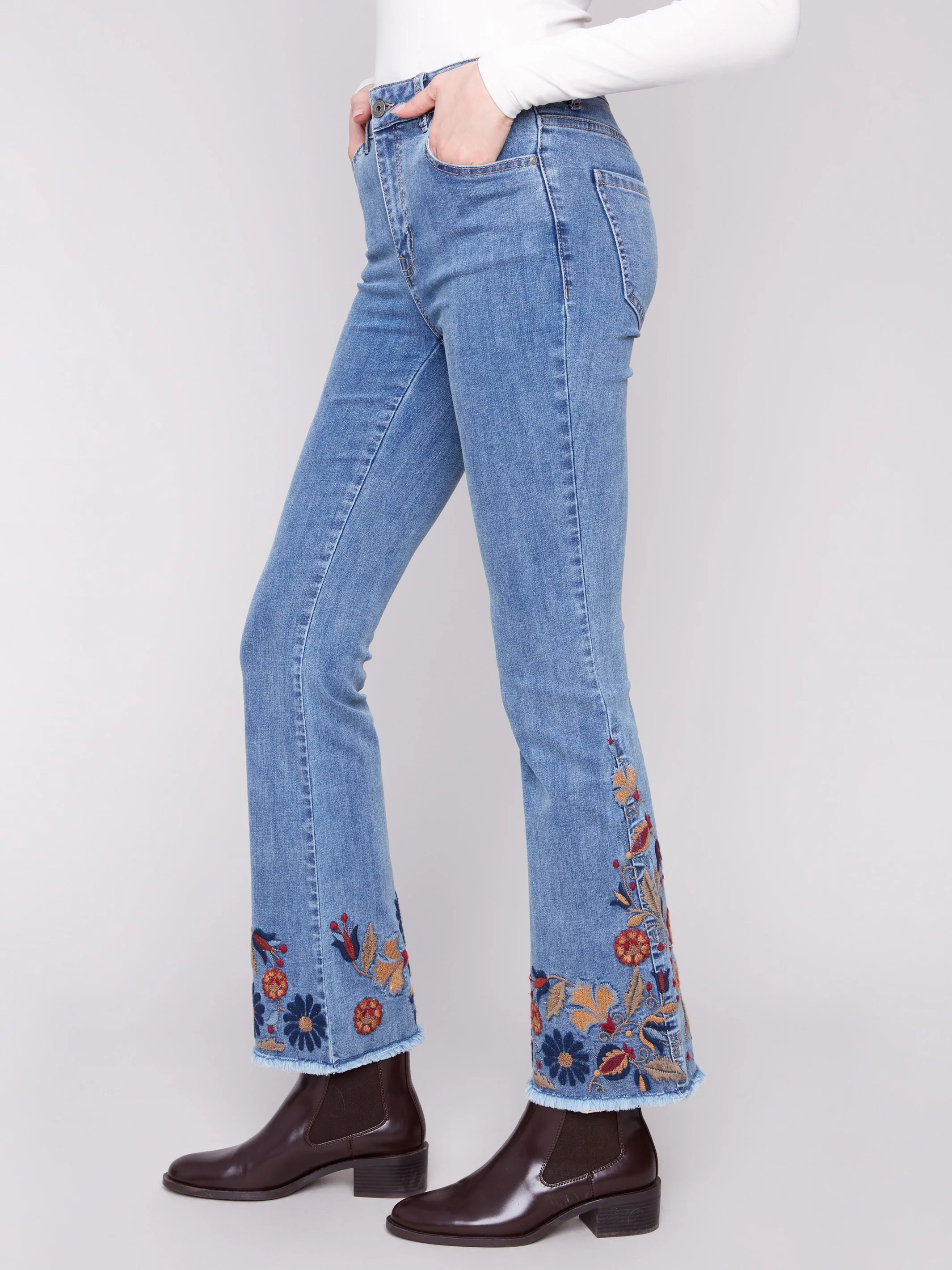 Flare Leg Jeans With Colorful Floral Embroidery - Medium Blue - Image 3