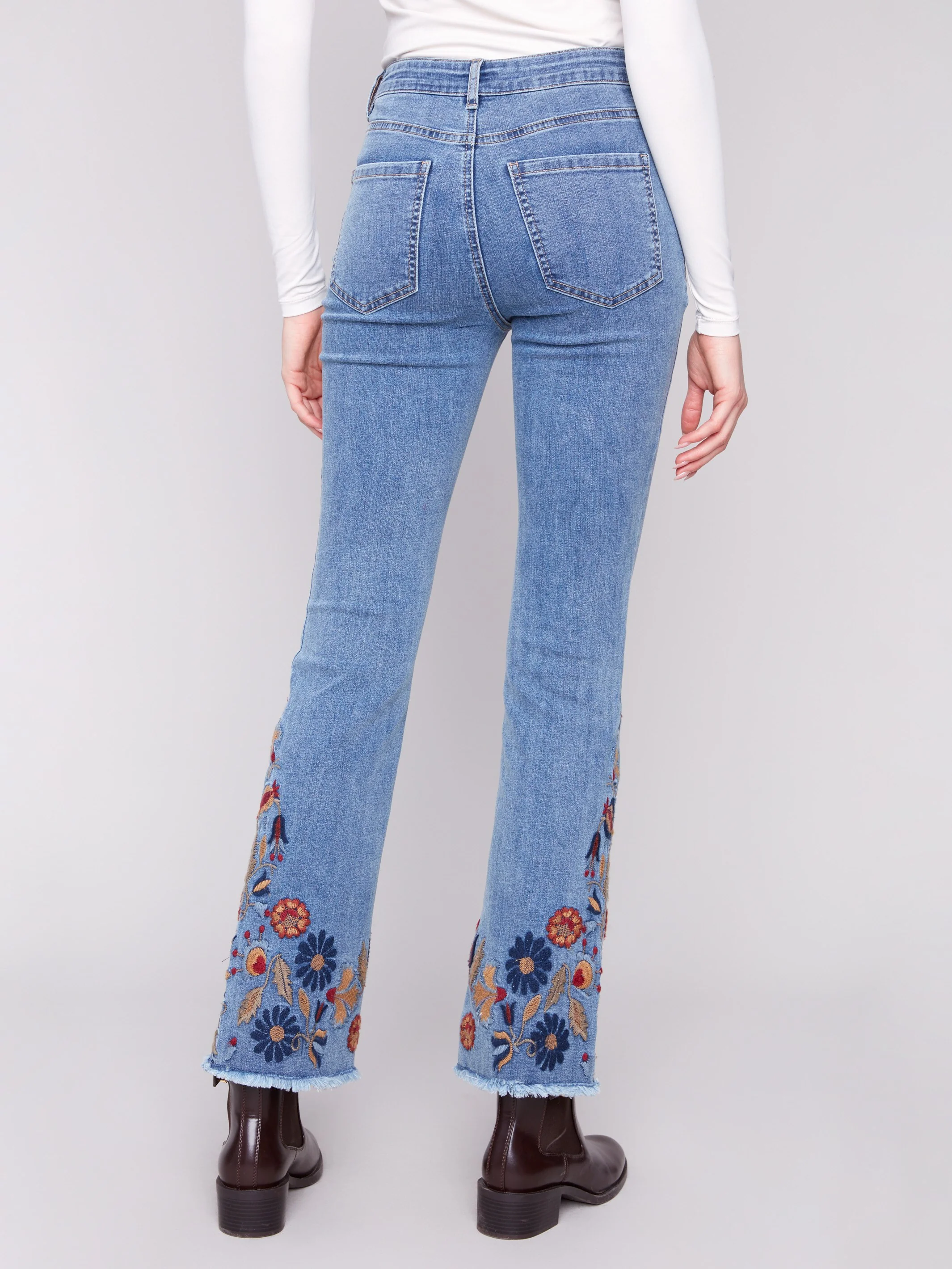 Flare Leg Jeans With Colorful Floral Embroidery - Medium Blue - Image 4