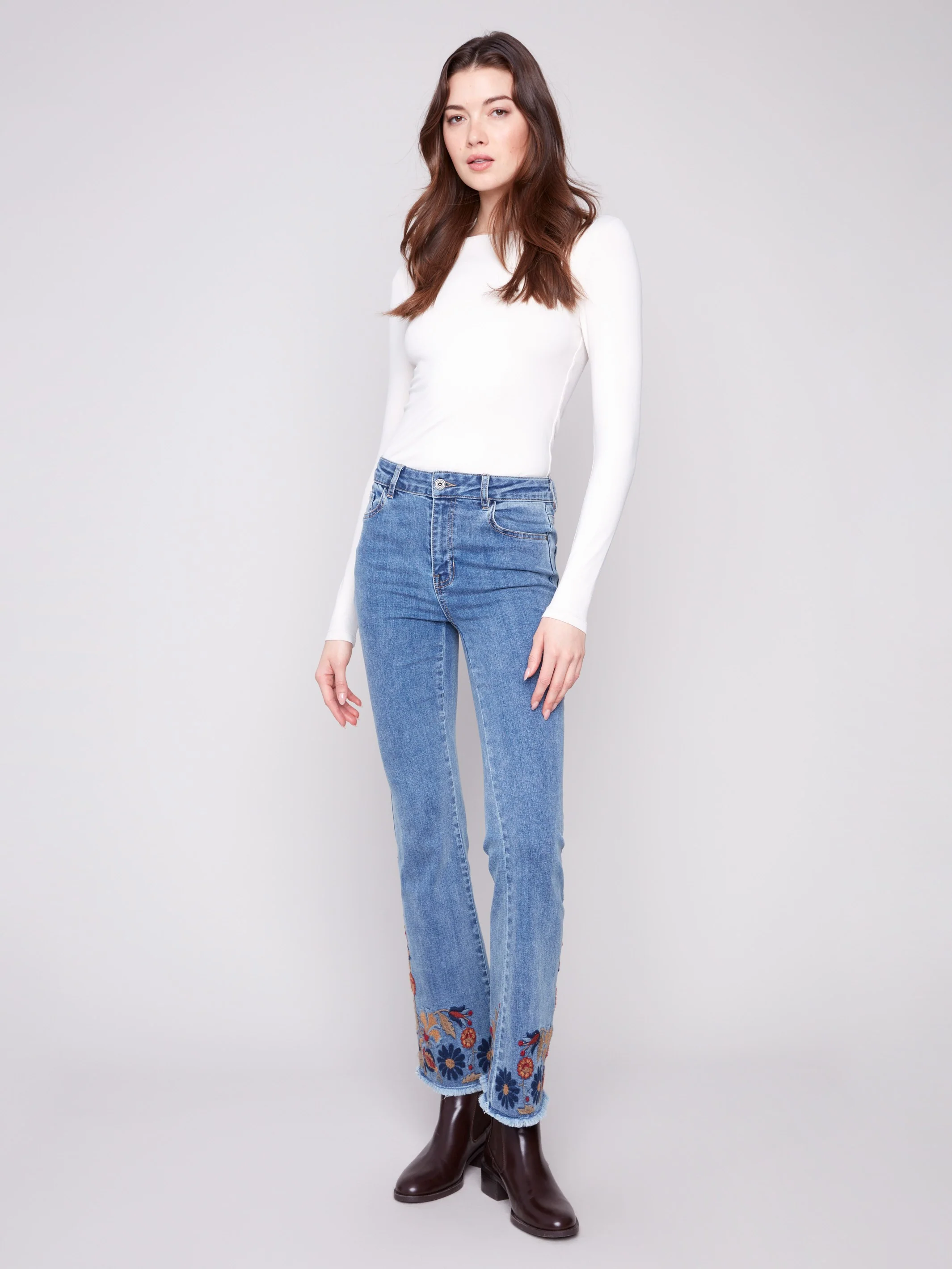 Flare Leg Jeans With Colorful Floral Embroidery - Medium Blue - Image 5