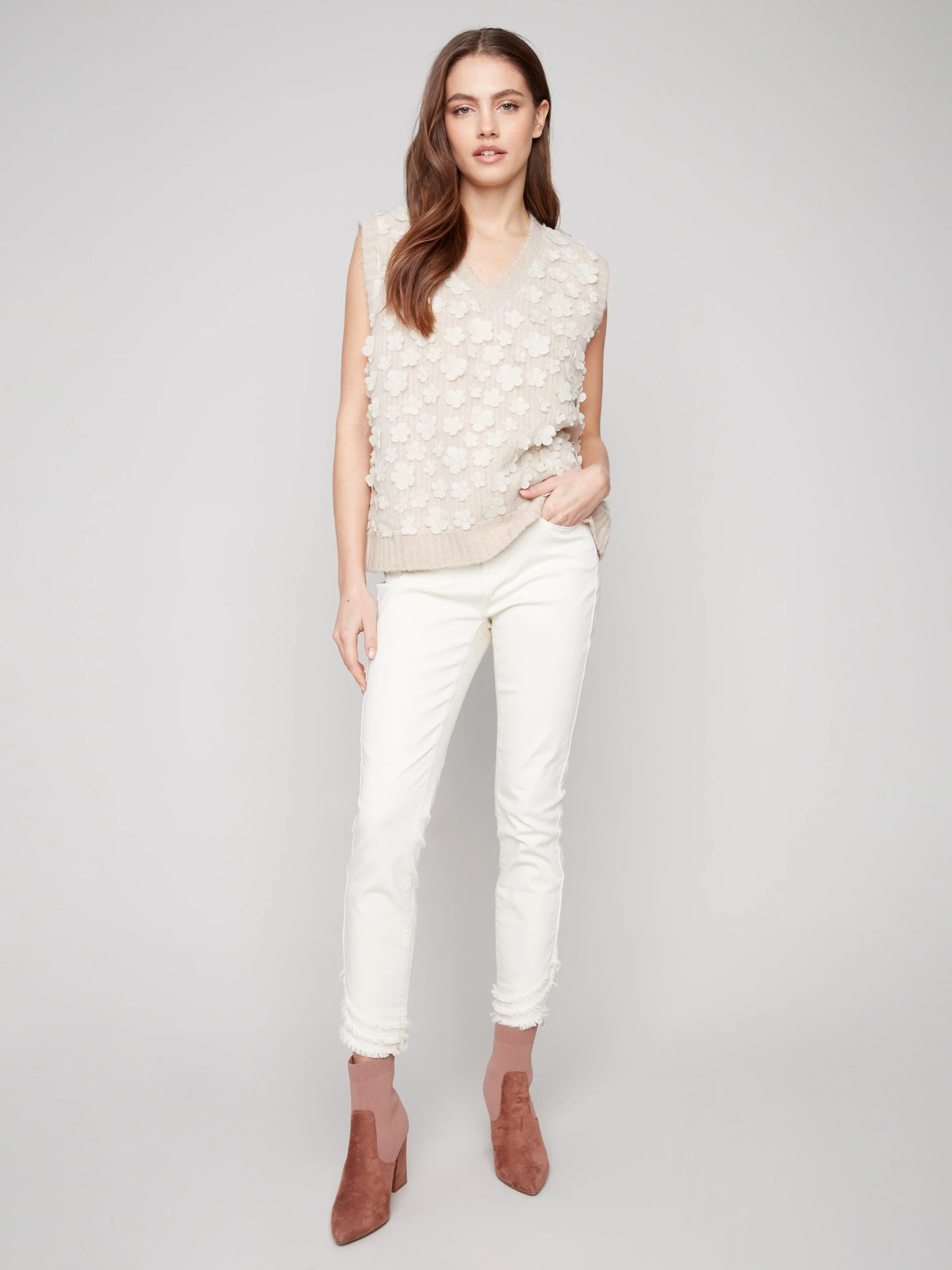 Floral Mesh V-Neck Sweater Vest - Heather Oat - Image 3