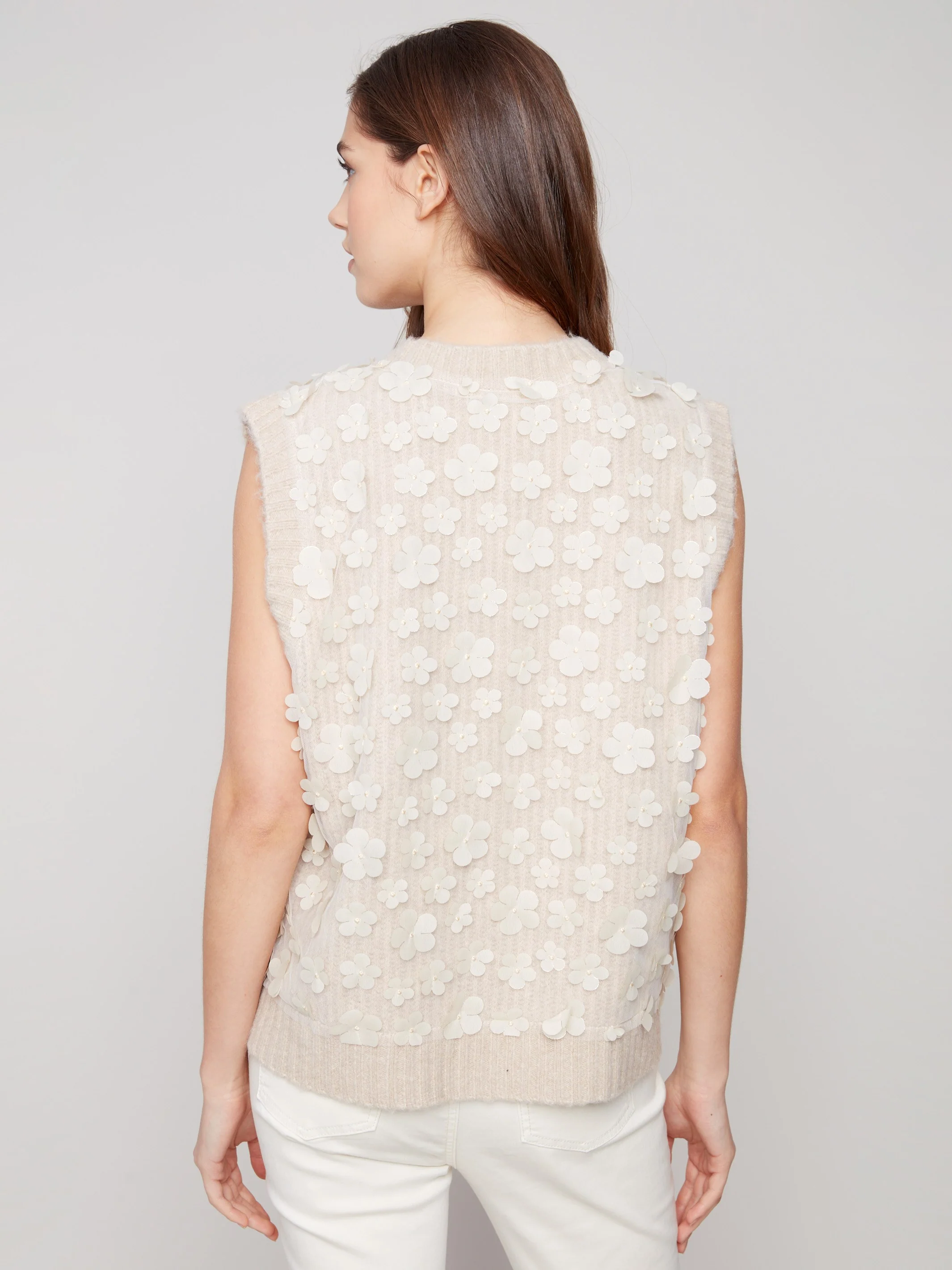 Floral Mesh V-Neck Sweater Vest - Heather Oat - Image 4