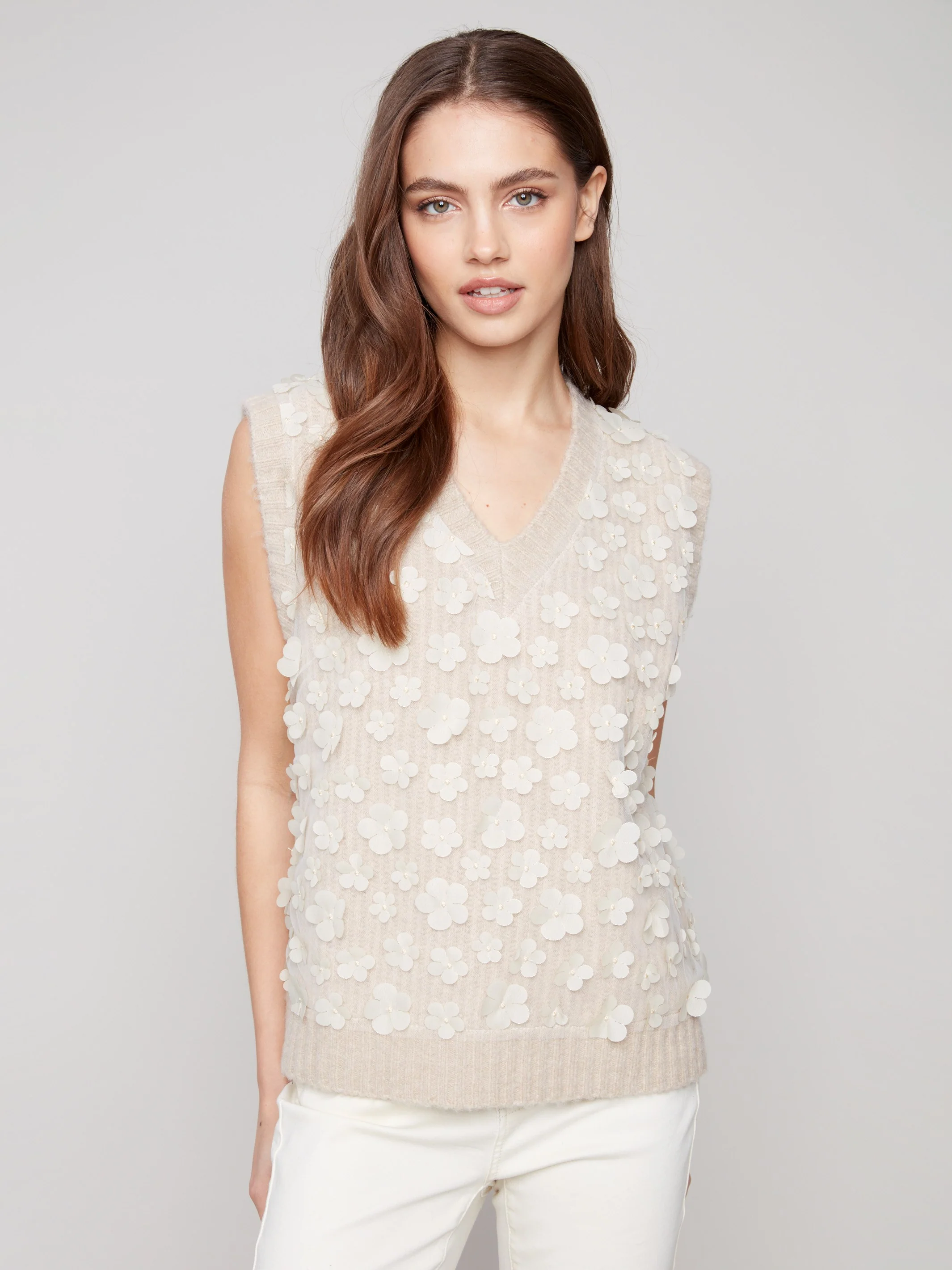 Floral Mesh V-Neck Sweater Vest - Heather Oat - Image 5