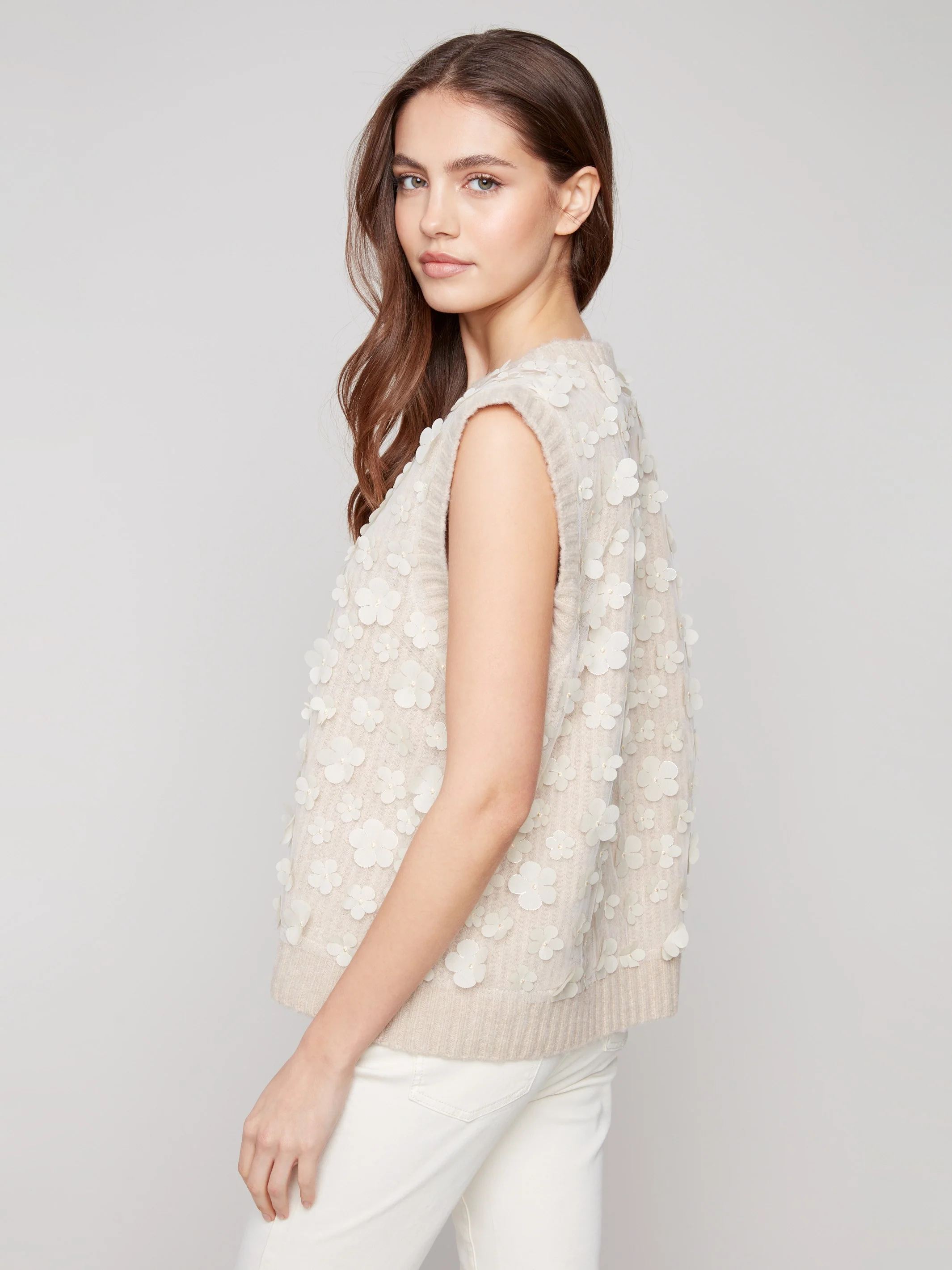 Floral Mesh V-Neck Sweater Vest - Heather Oat - Image 6