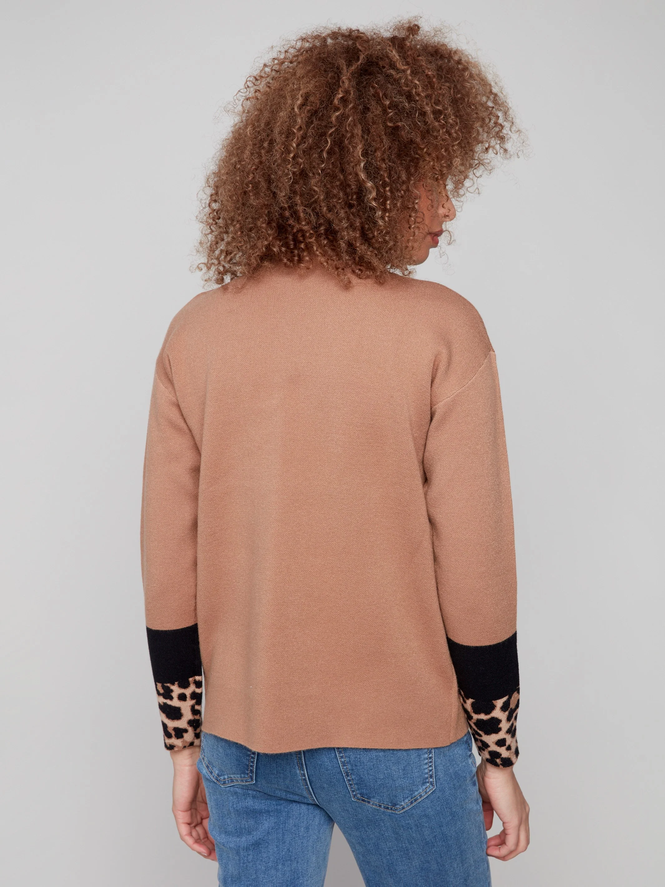 Funnel Sweater With Animal Print Sleeve Detail - Truffle - Image 3