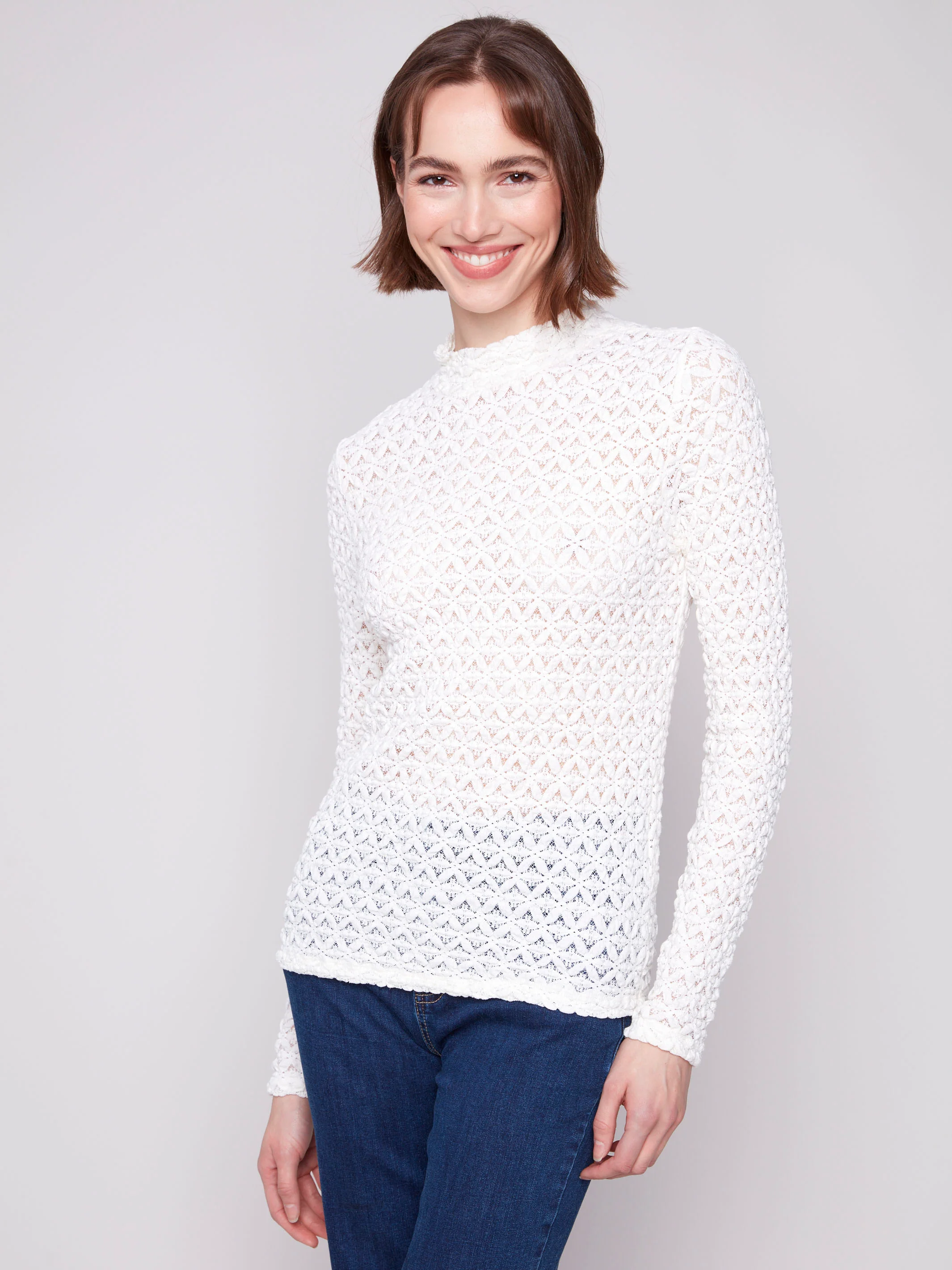 Lace Mock Neck Top - Ecru - Image 3