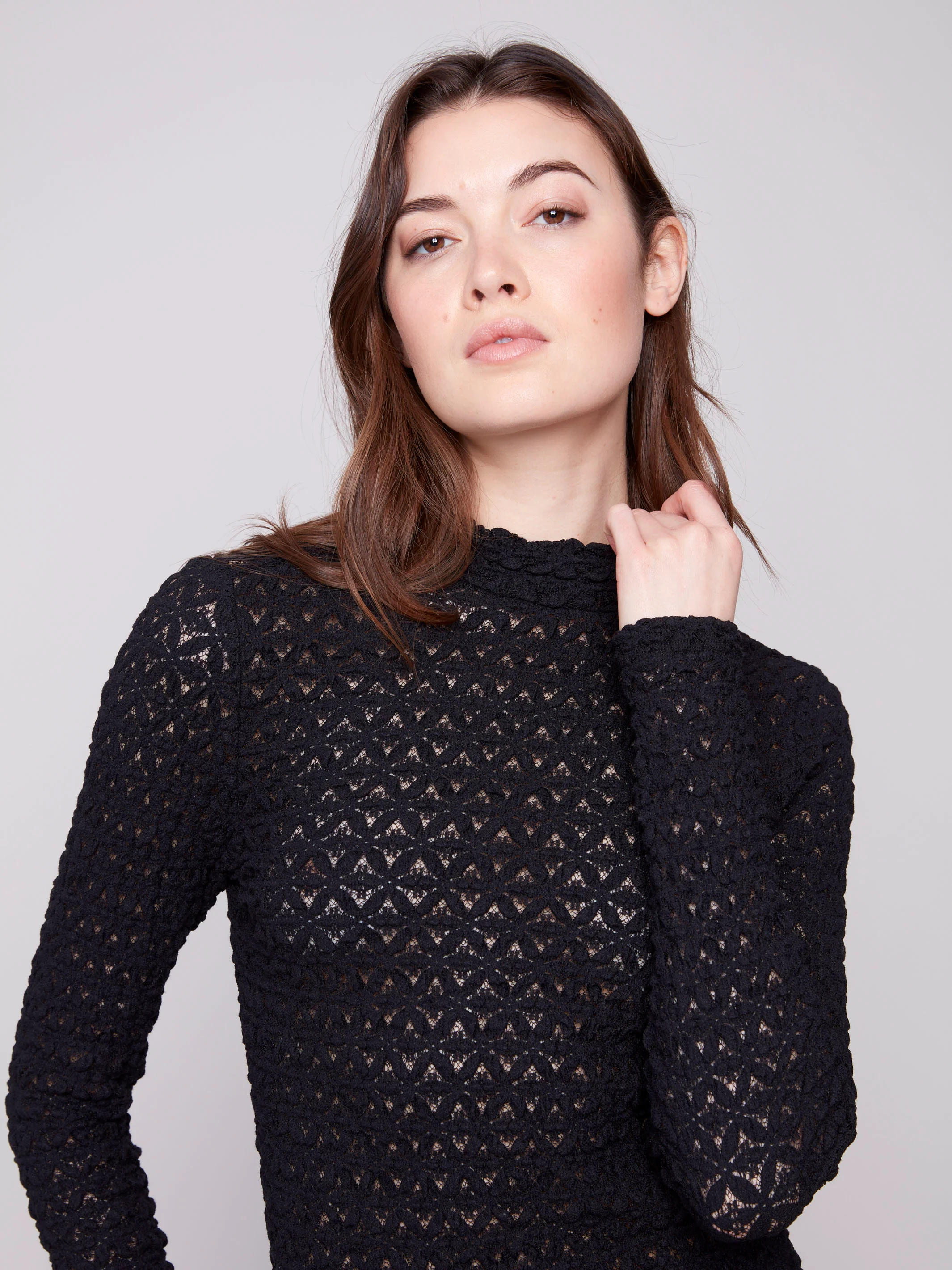 Lace Mock Neck Top - Black - Image 3