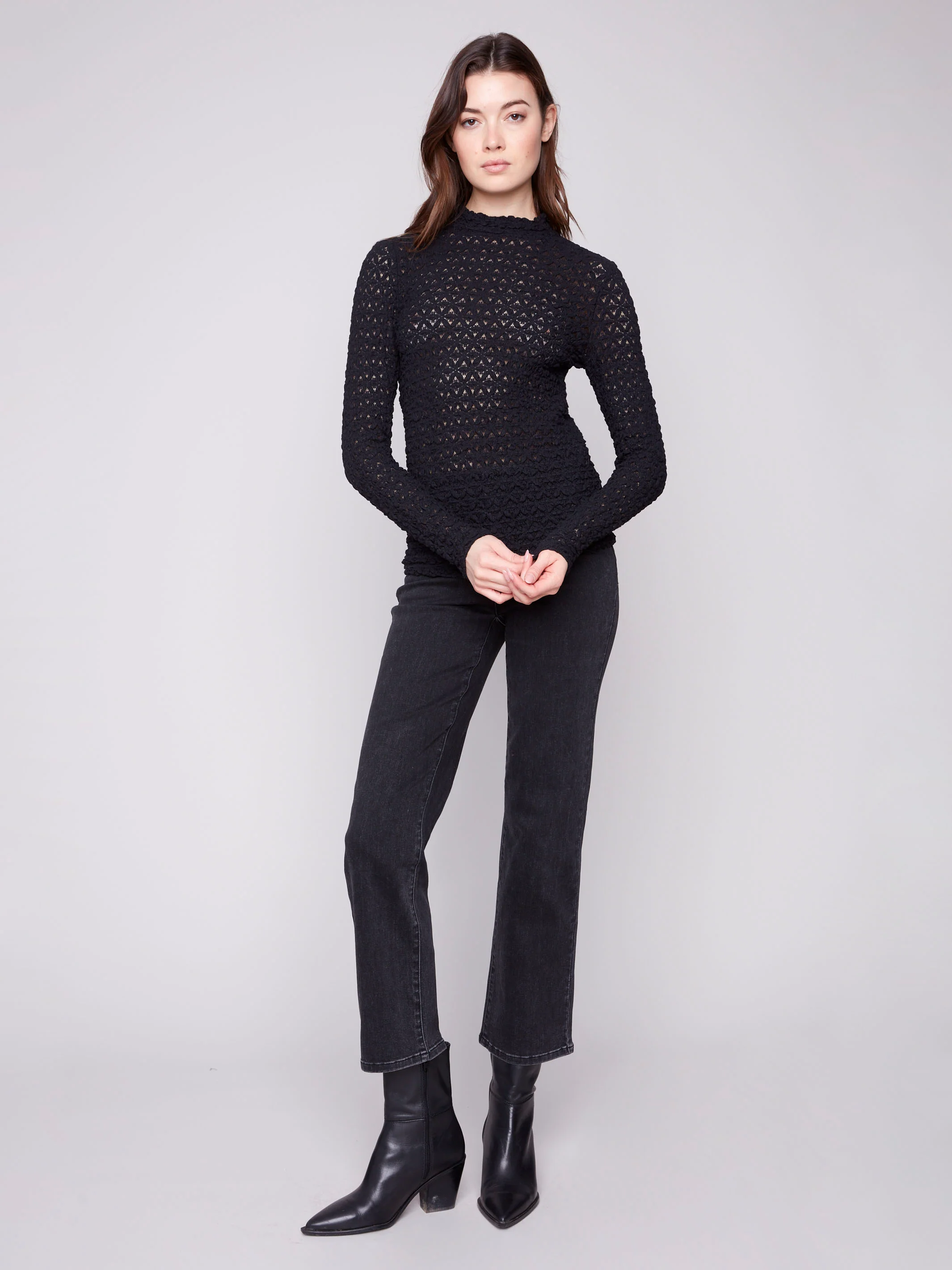 Lace Mock Neck Top - Black - Image 5