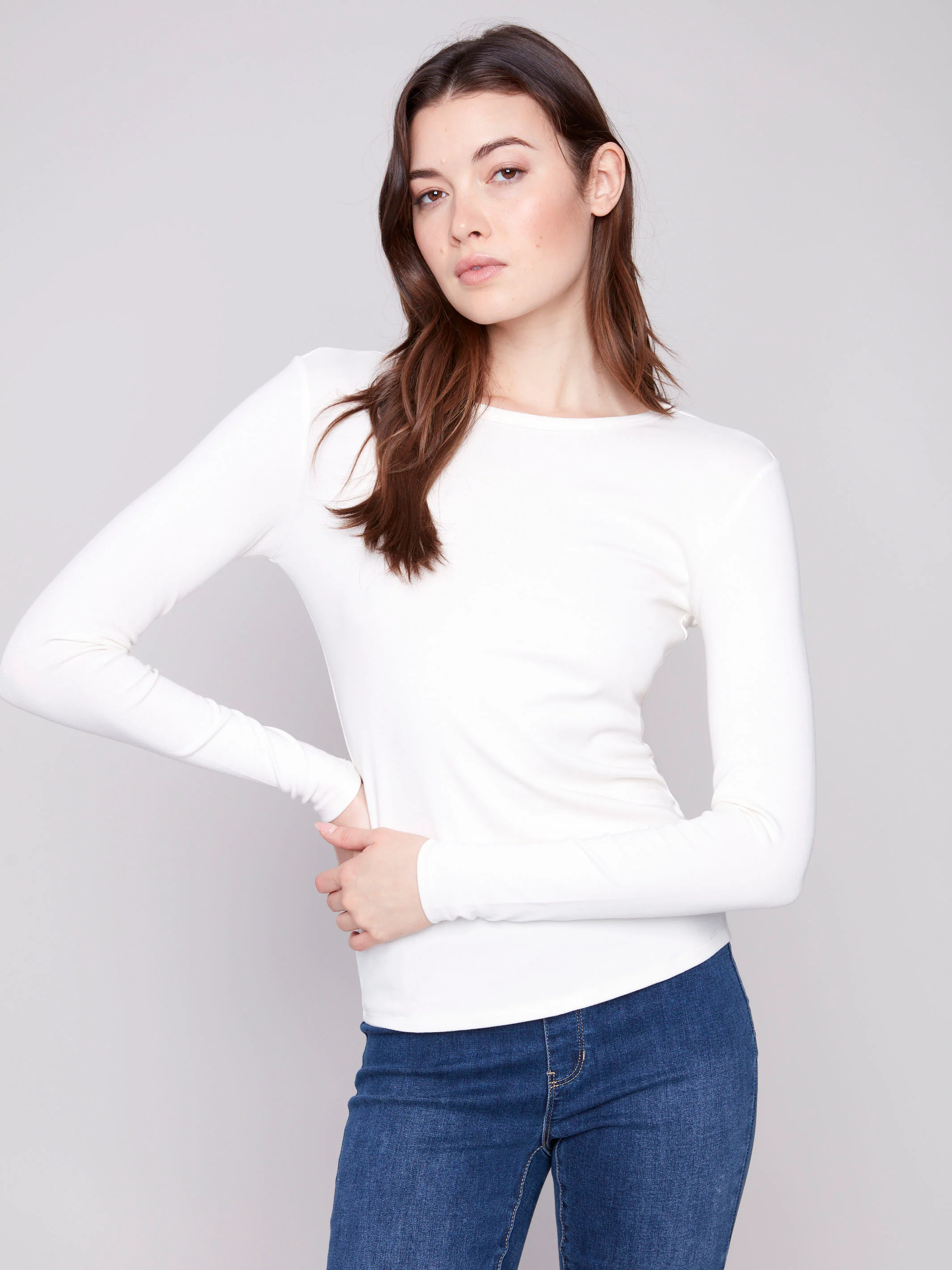 Cotton Blend Long Sleeve Crew Neck Top - Ecru - Image 3