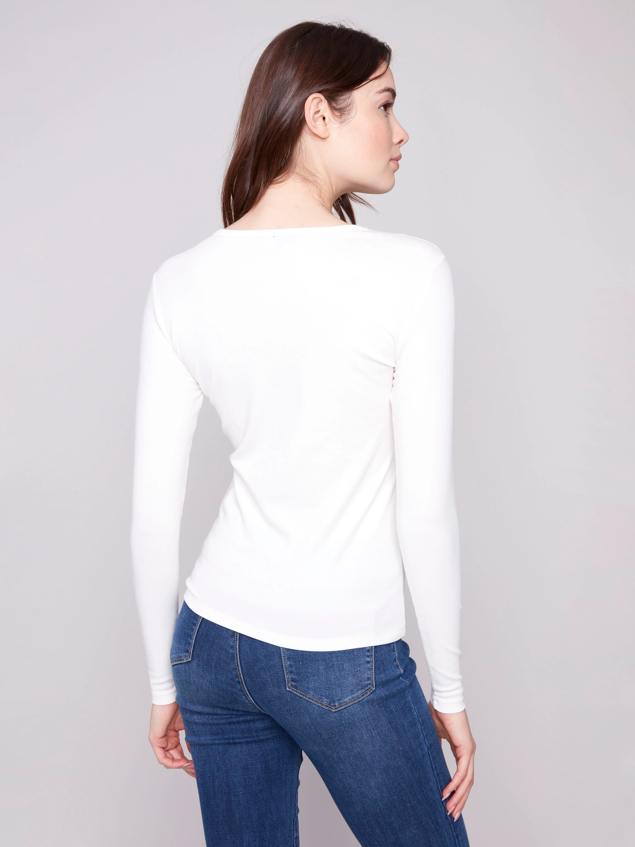 Cotton Blend Long Sleeve Crew Neck Top - Ecru - Image 4