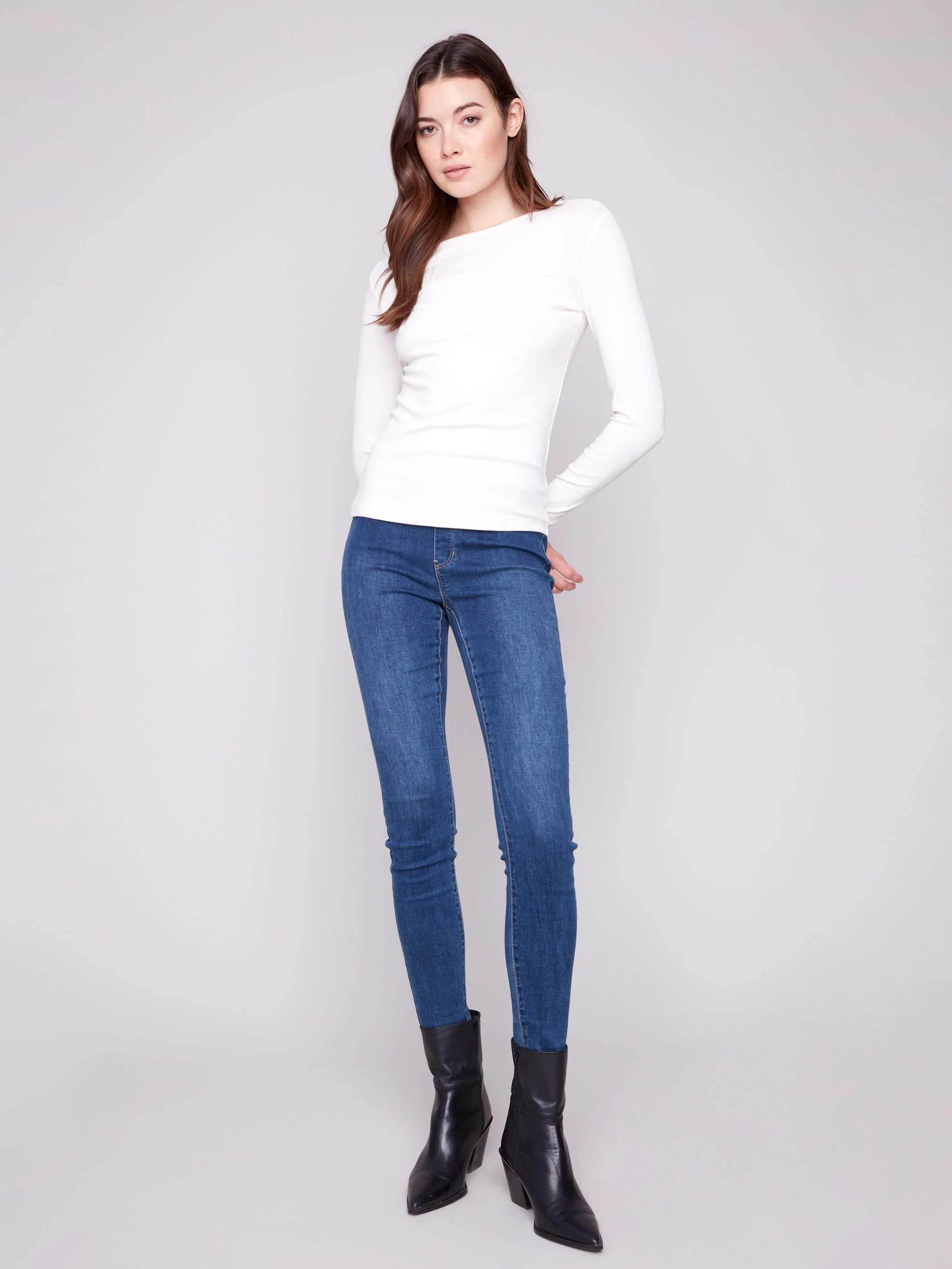 Cotton Blend Long Sleeve Crew Neck Top - Ecru - Image 5