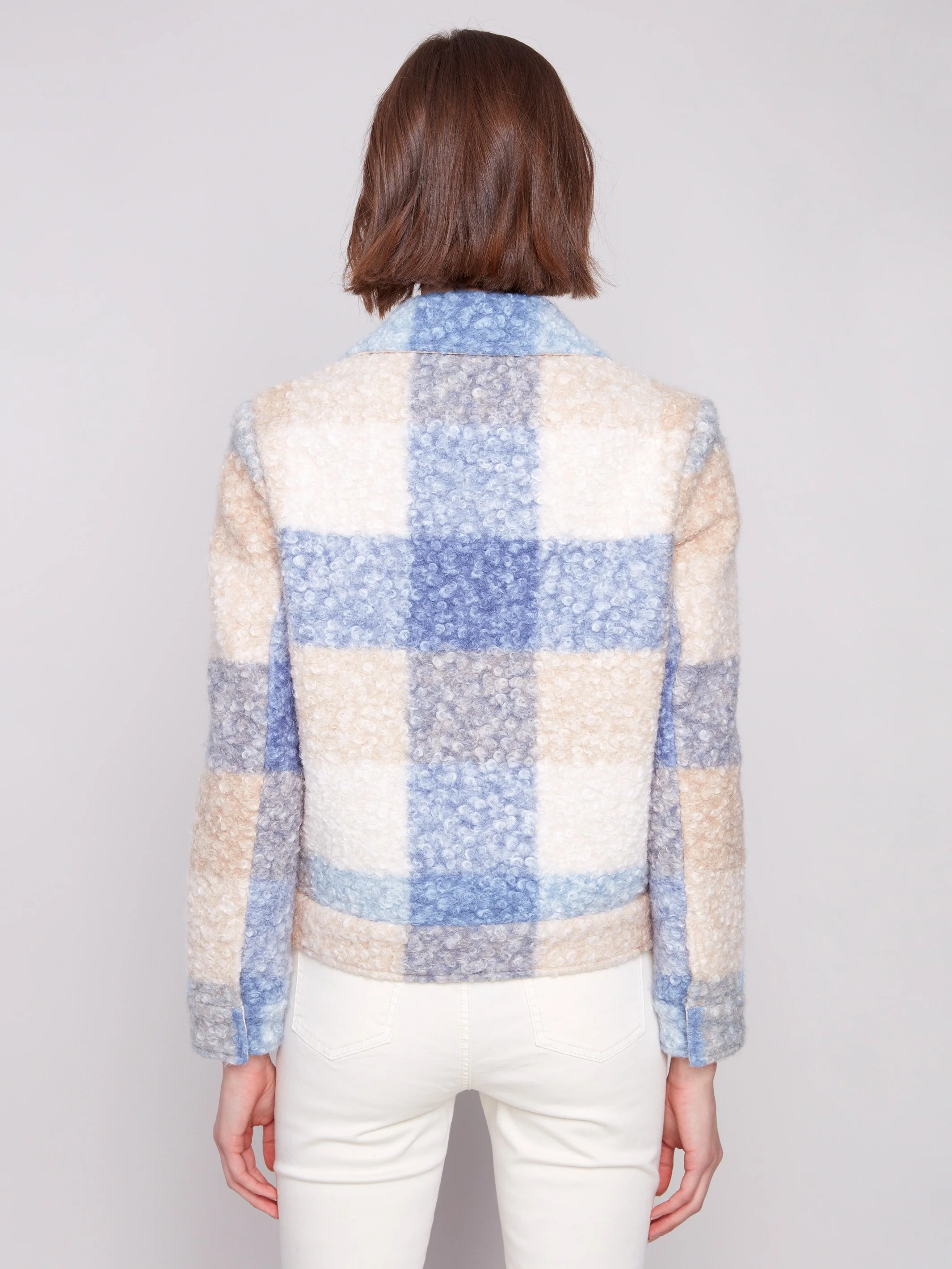 Plaid Bouclé Knit Short Coat - Oxford - Image 4