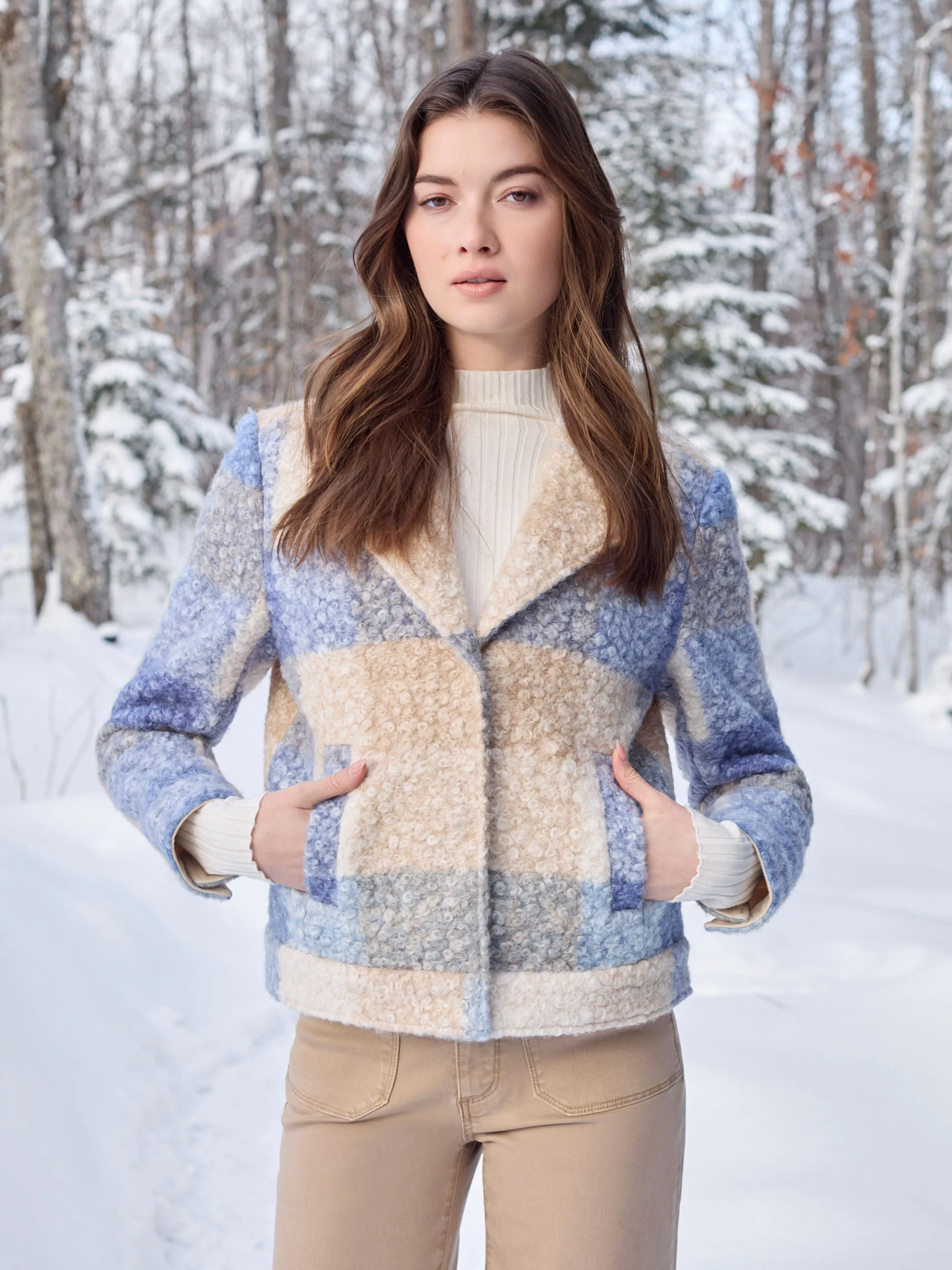 Plaid Bouclé Knit Short Coat - Oxford - Image 5