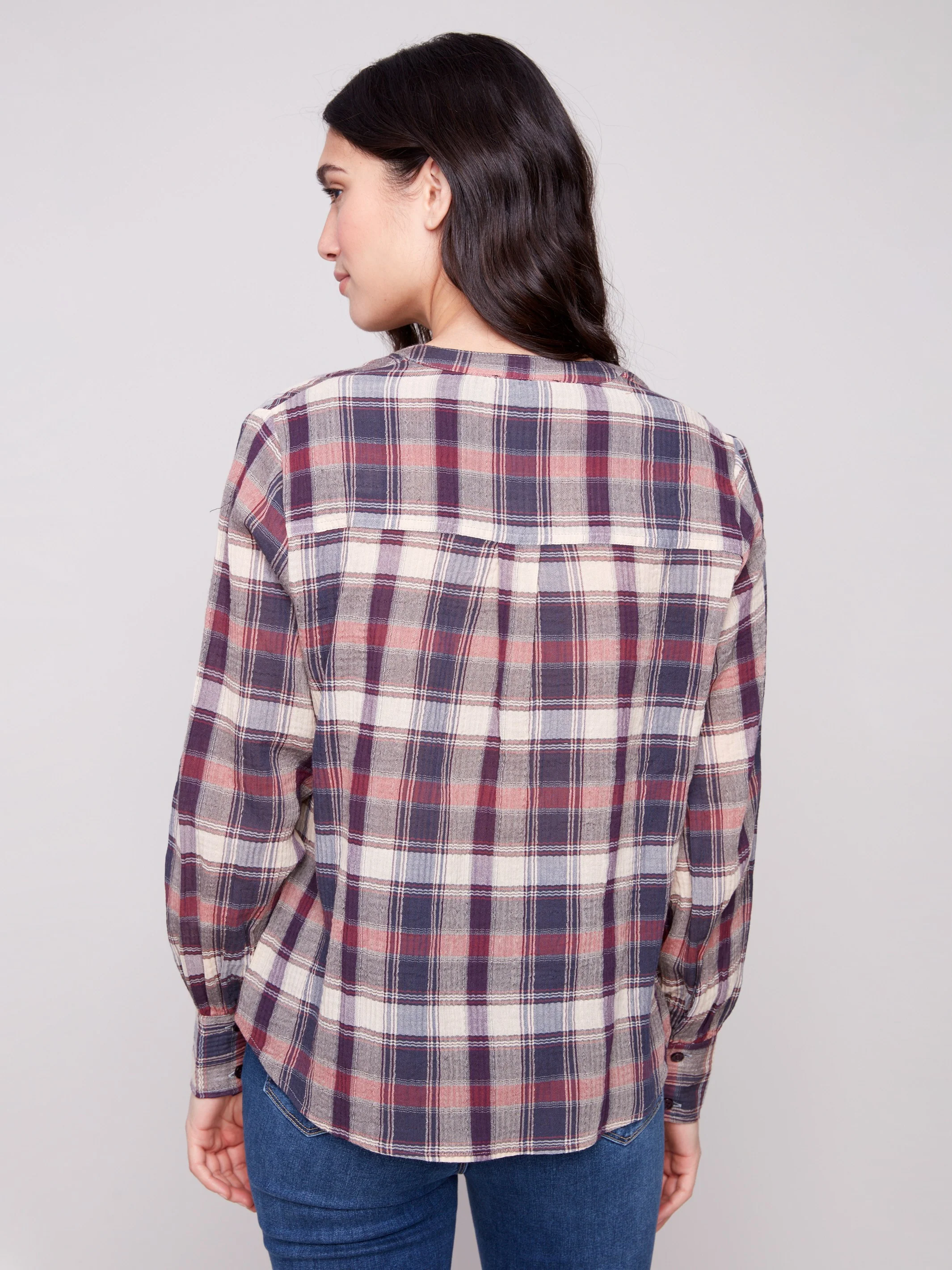 Plaid Bubble Gauze Button-Down Shirt - Berry - Image 3