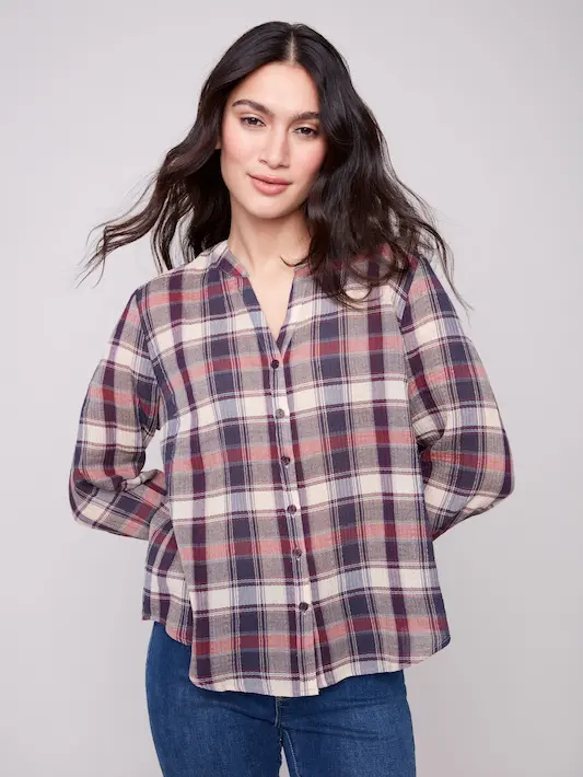 Plaid Bubble Gauze Button-Down Shirt - Berry - Image 4
