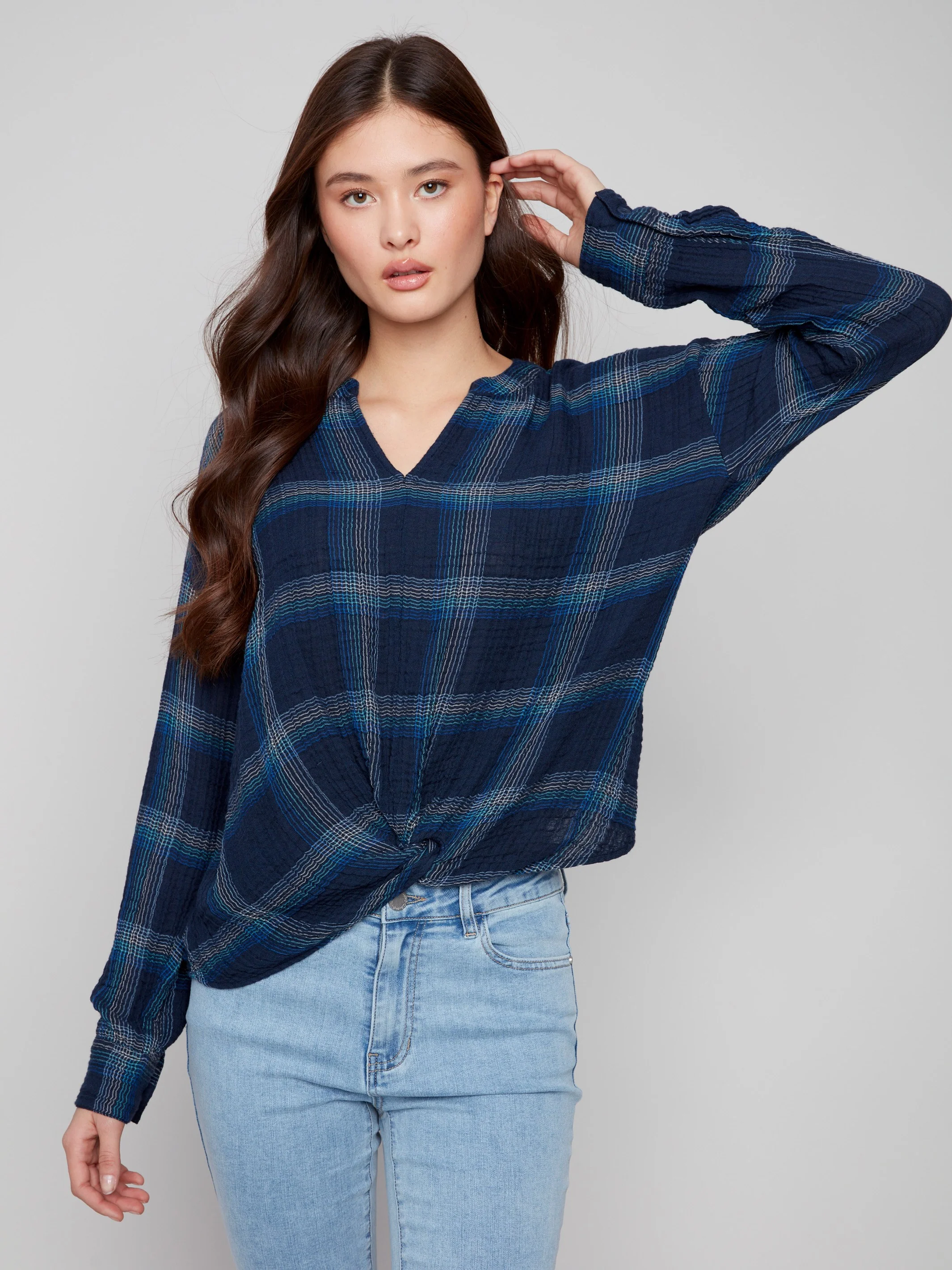 Plaid Double Gauze Blouse With Front Knot - Lapis - Image 3