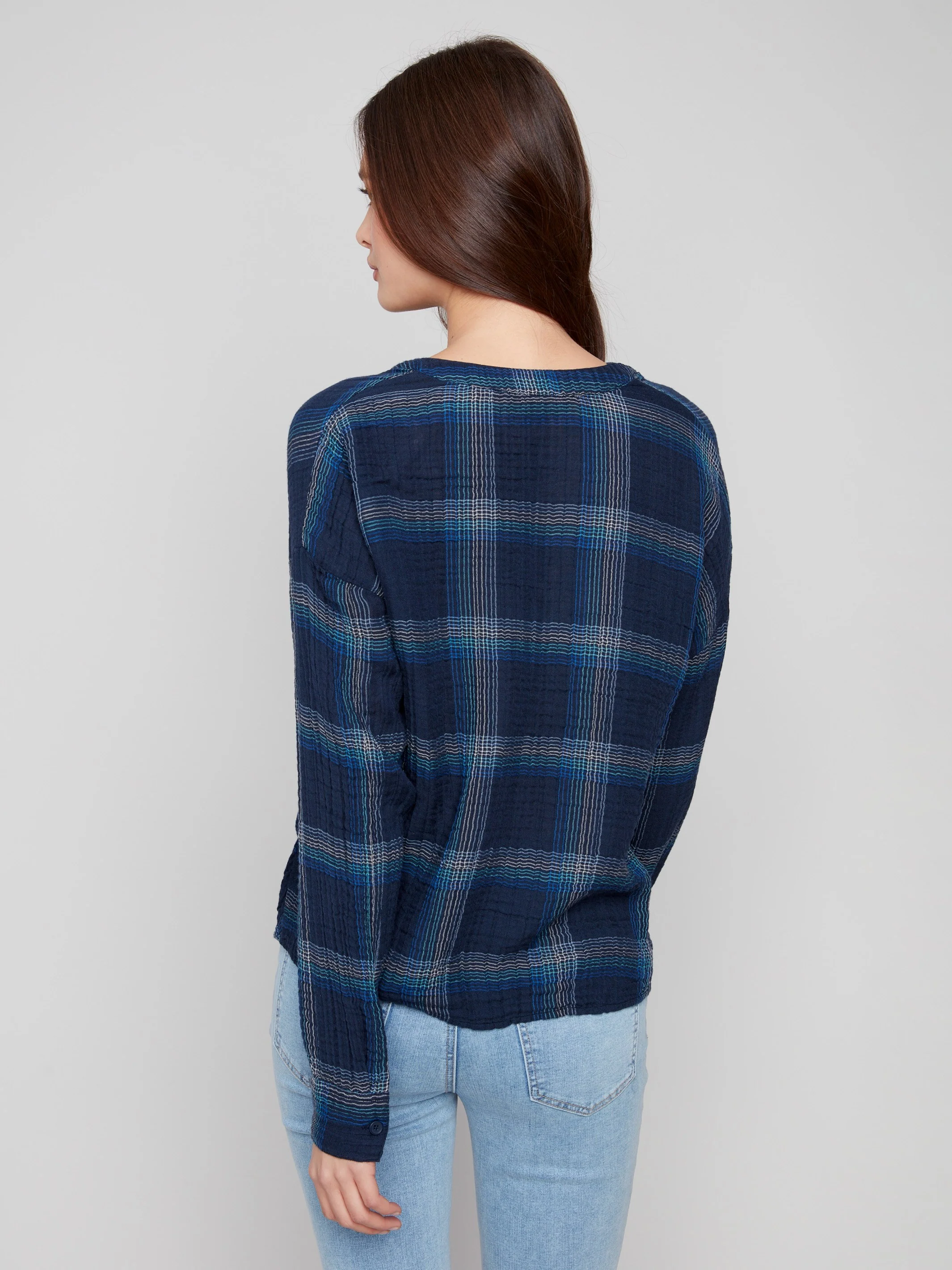 Plaid Double Gauze Blouse With Front Knot - Lapis - Image 4