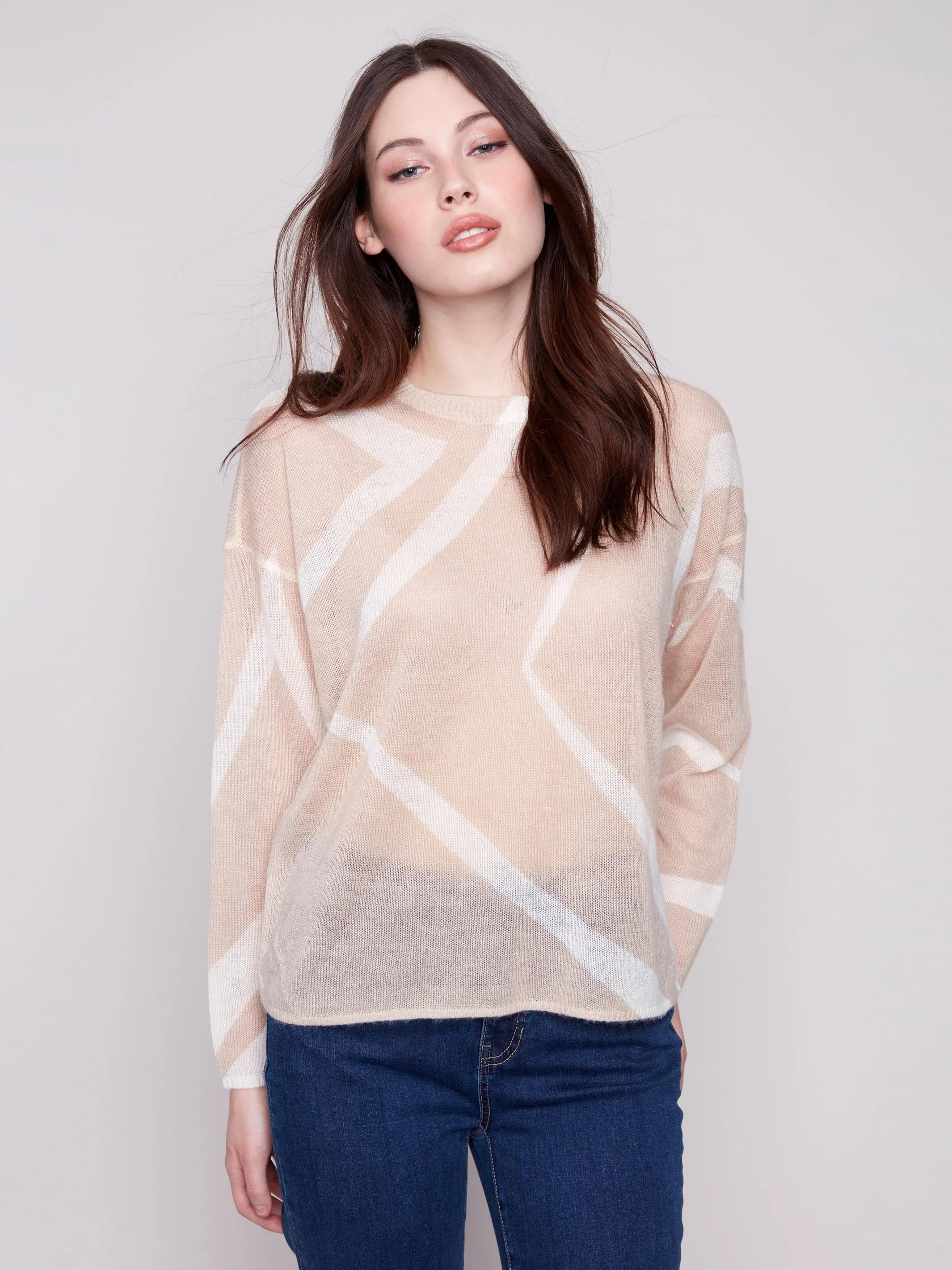 Printed Lightweight Mohair-Effect Knit Sweater - Sesame & Ecru - Image 4