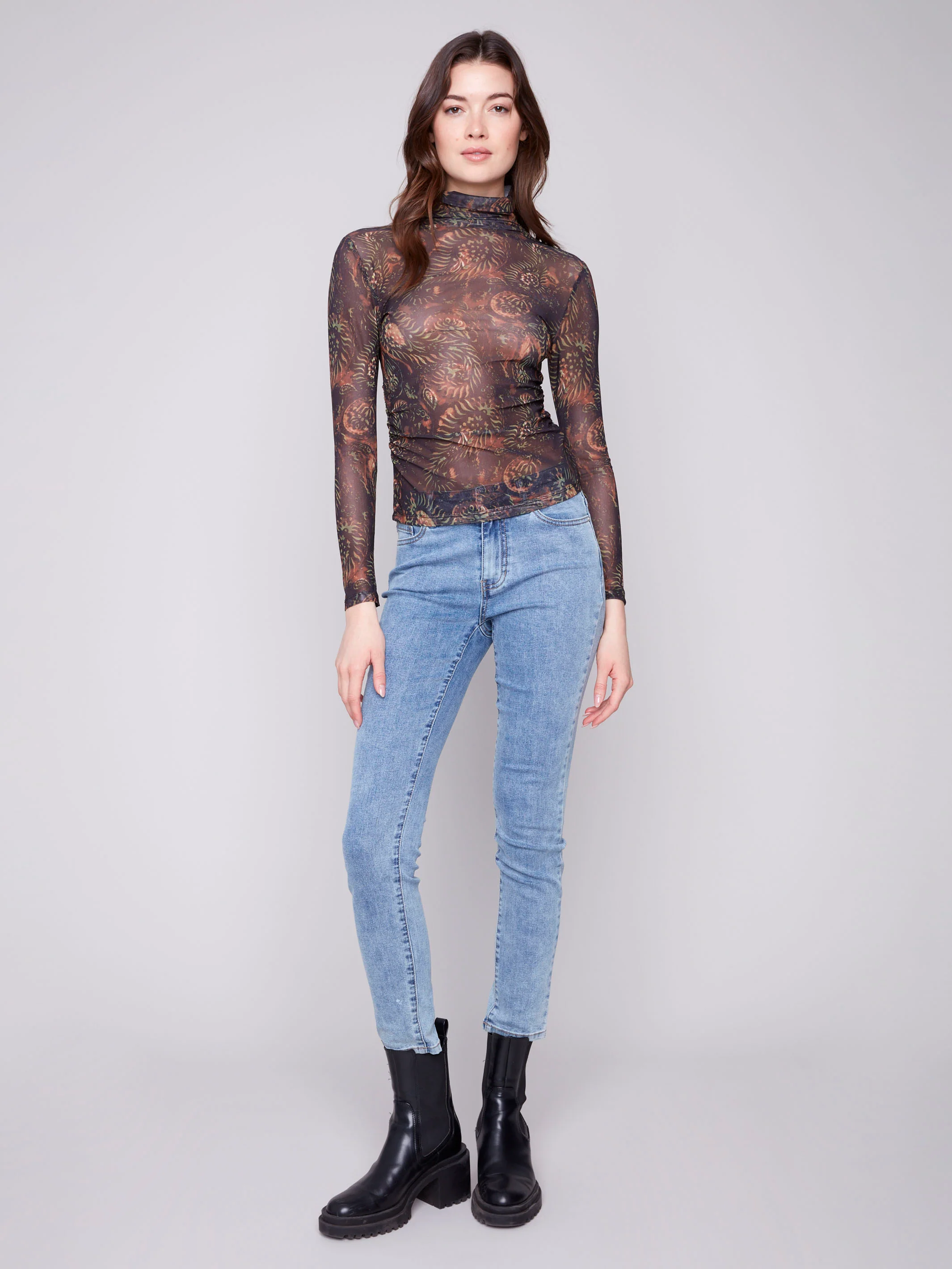 Printed Mock Neck Mesh Top - Spruce - Image 4