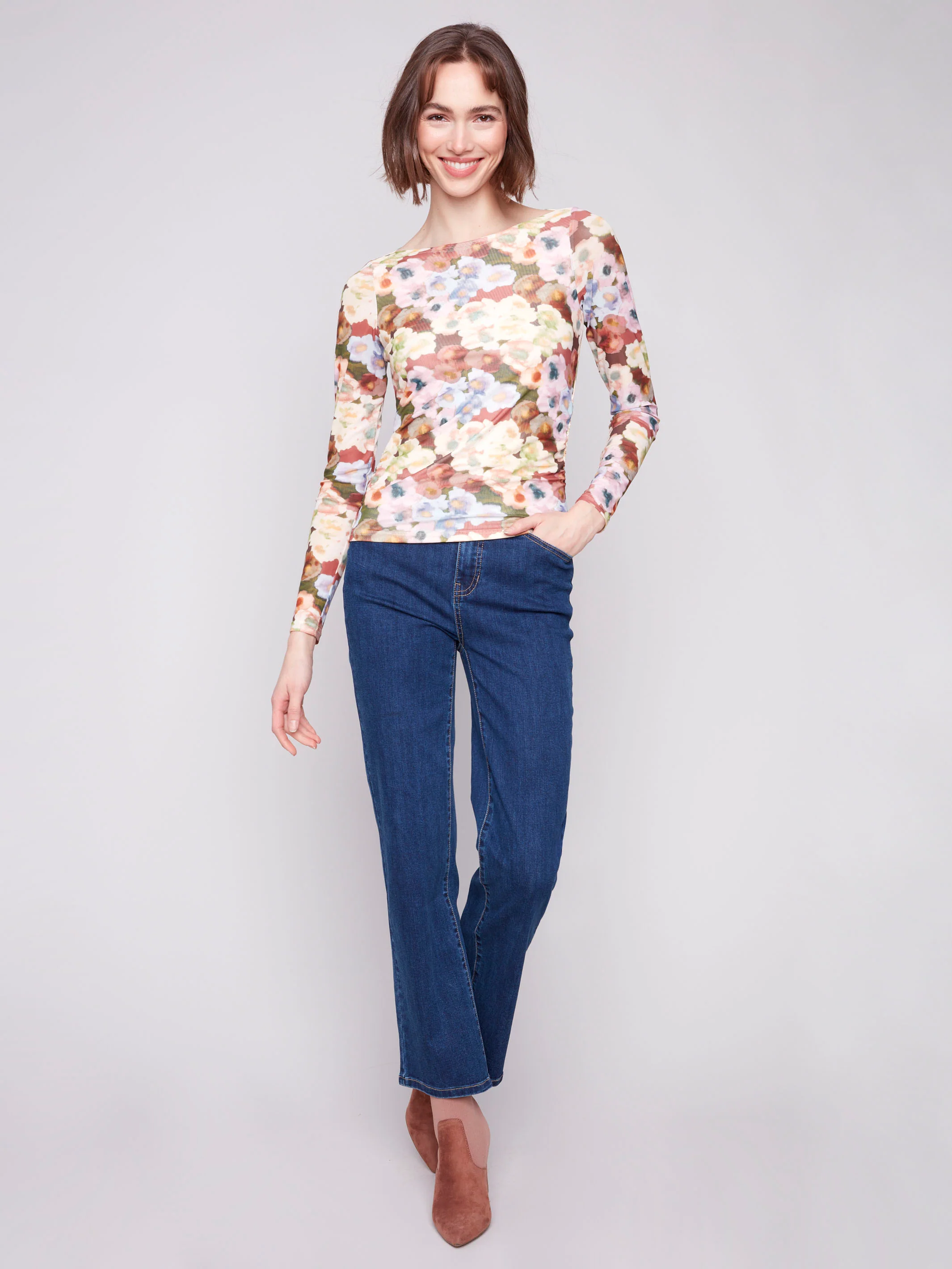 Printed Ruched Mesh Top - Botanical - Image 3