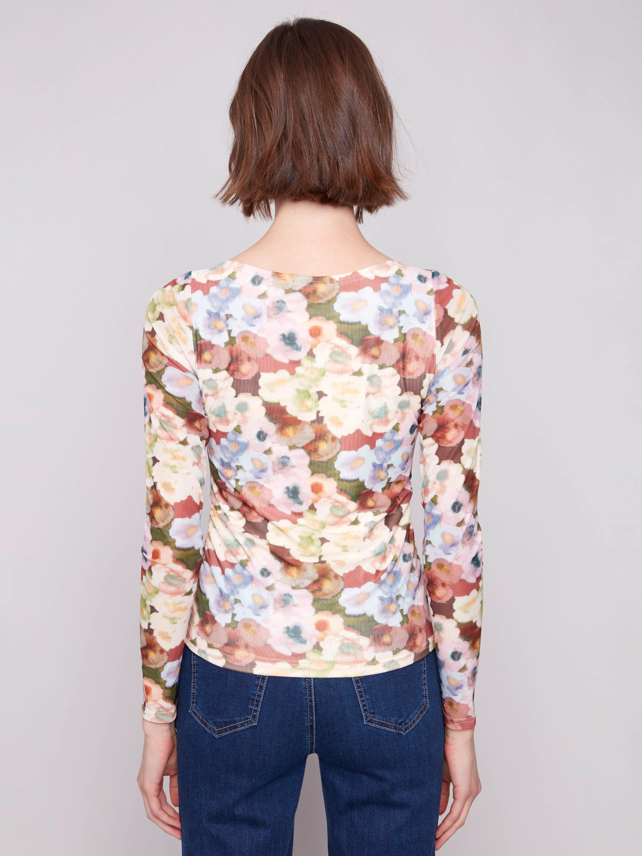 Printed Ruched Mesh Top - Botanical - Image 4