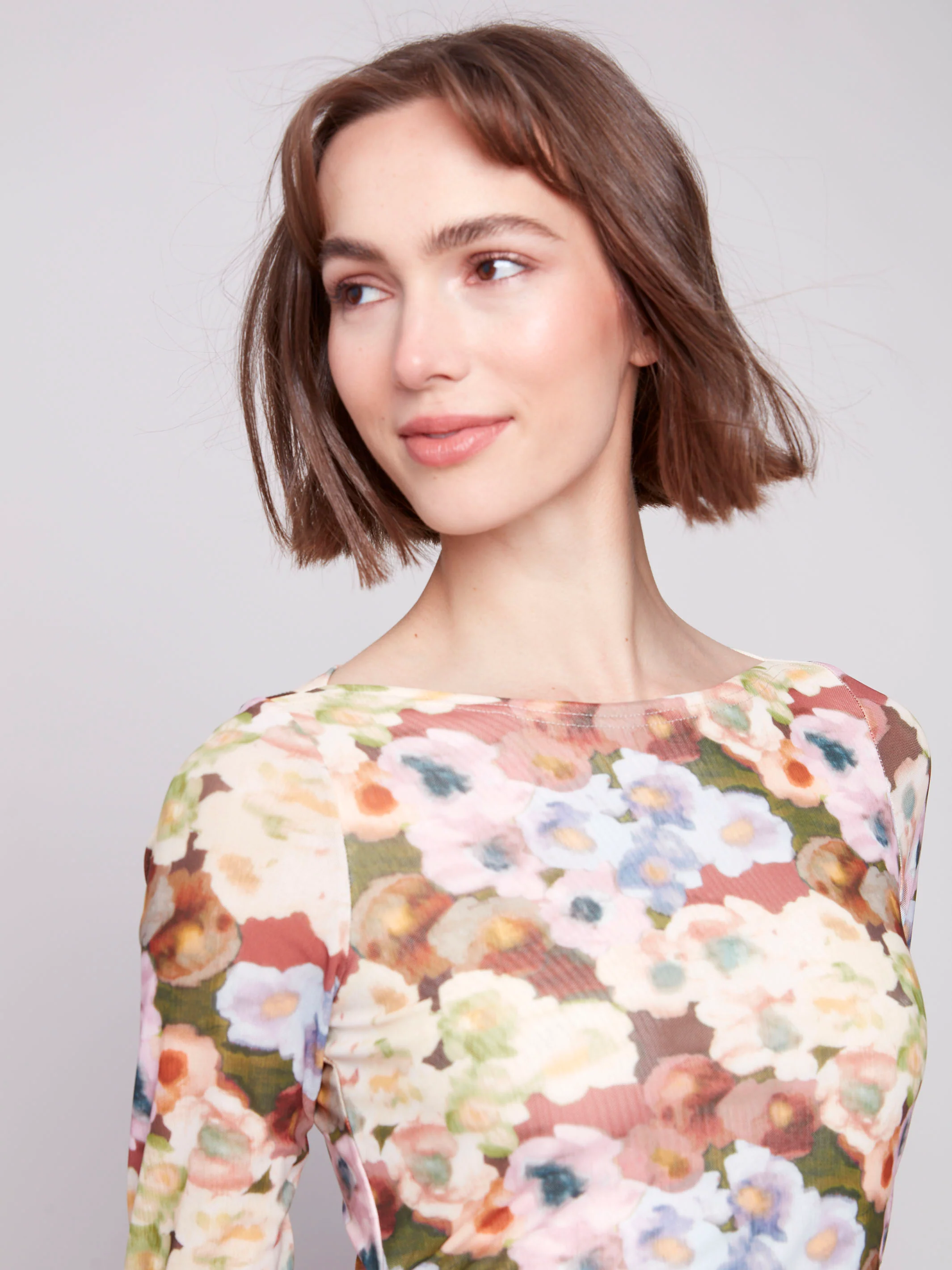 Printed Ruched Mesh Top - Botanical - Image 5