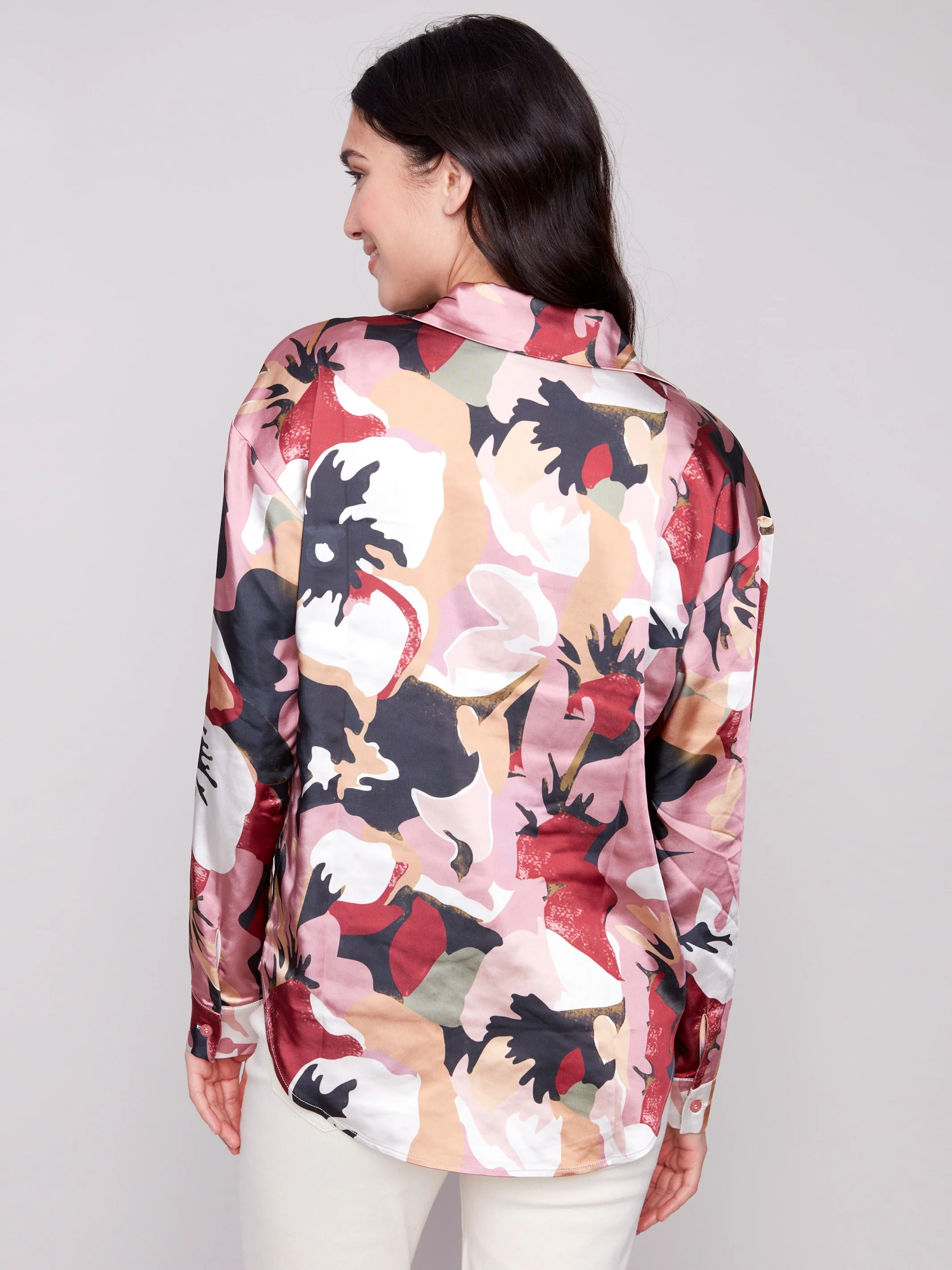 Printed Satin Button-Down Shirt - Flowery - Image 3