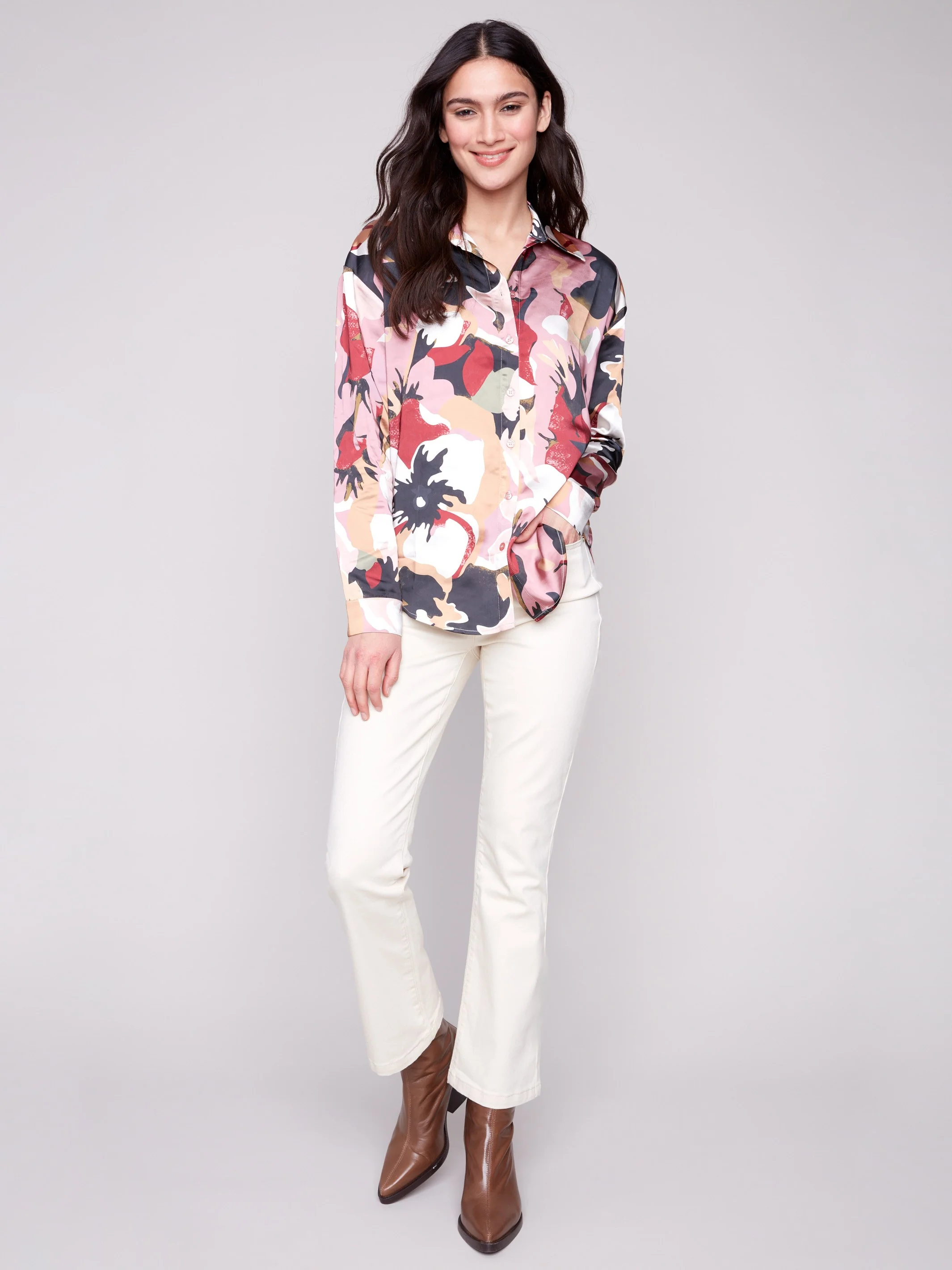Printed Satin Button-Down Shirt - Flowery - Image 4