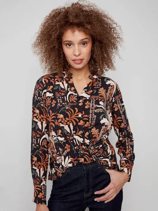 Printed Viscose Button-Down Shirt With Twisted Front - Batik - Image 5